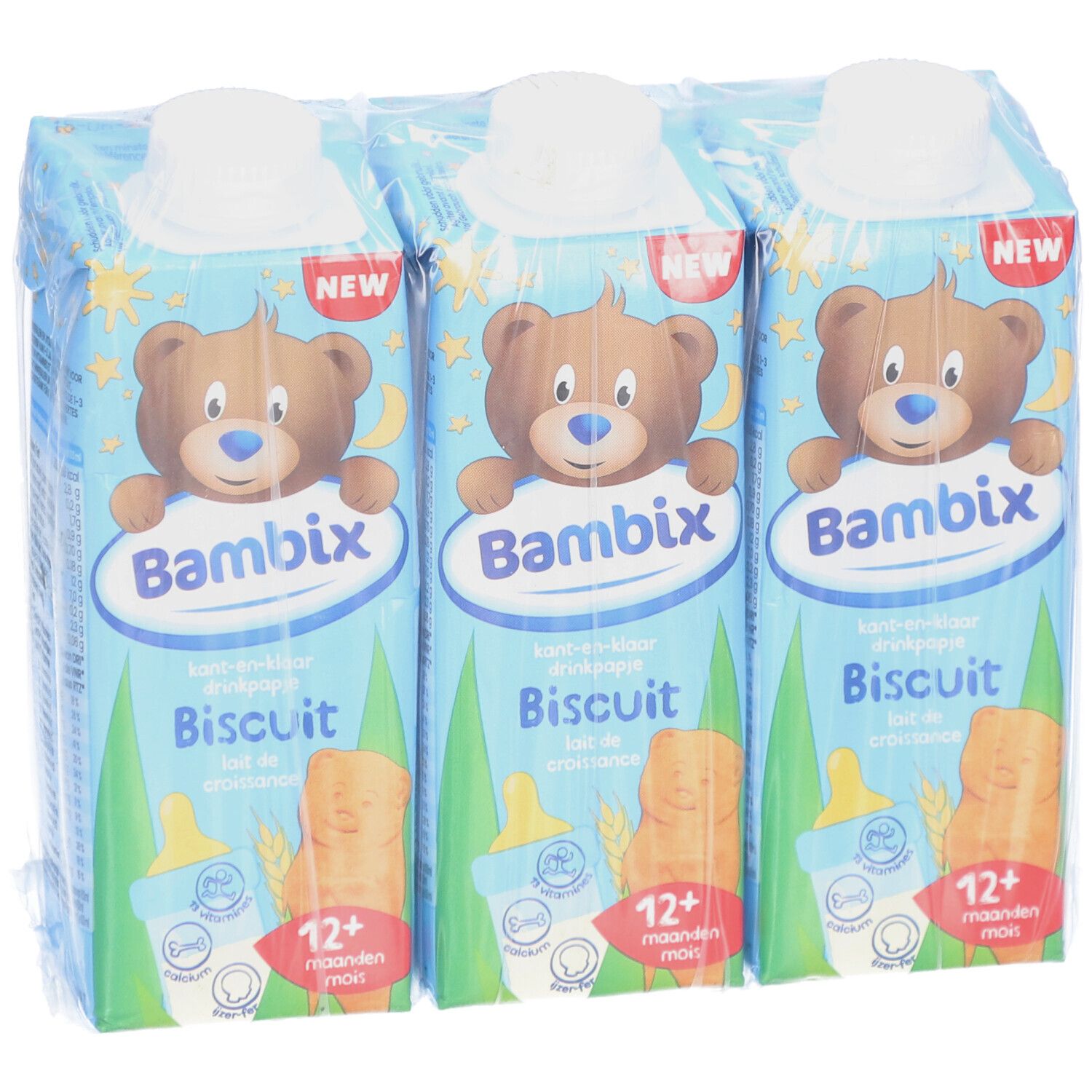 Drei Packungen Bambix Lait de Croissance Biscuit 12+ mois, in Folie verpackt. Jede Packung zeigt einen Bären und Produktinformationen.