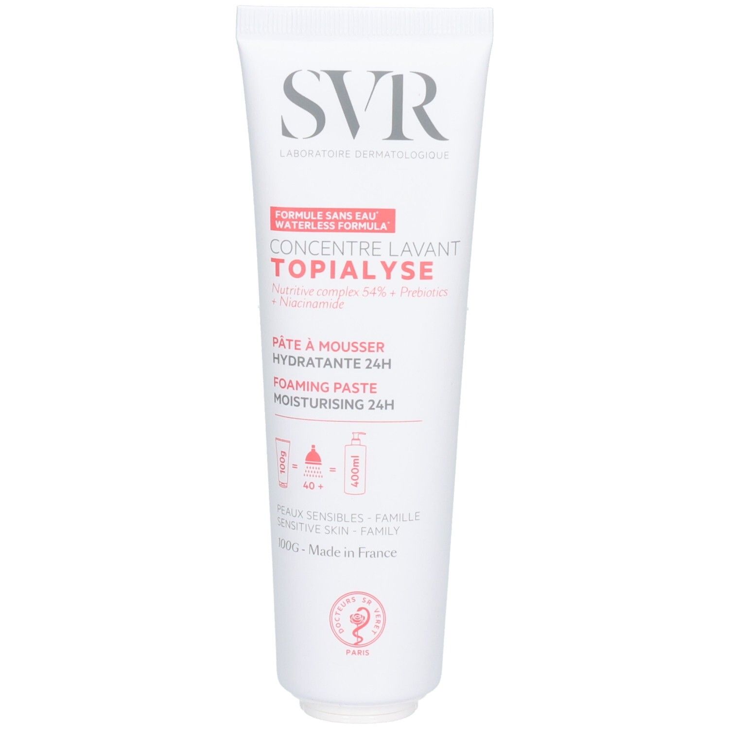 Weiße Tube mit roter und schwarzer Schrift. Oben steht SVR. Darunter: Concentre Lavant Topialyse. Text in Französisch. 100g.