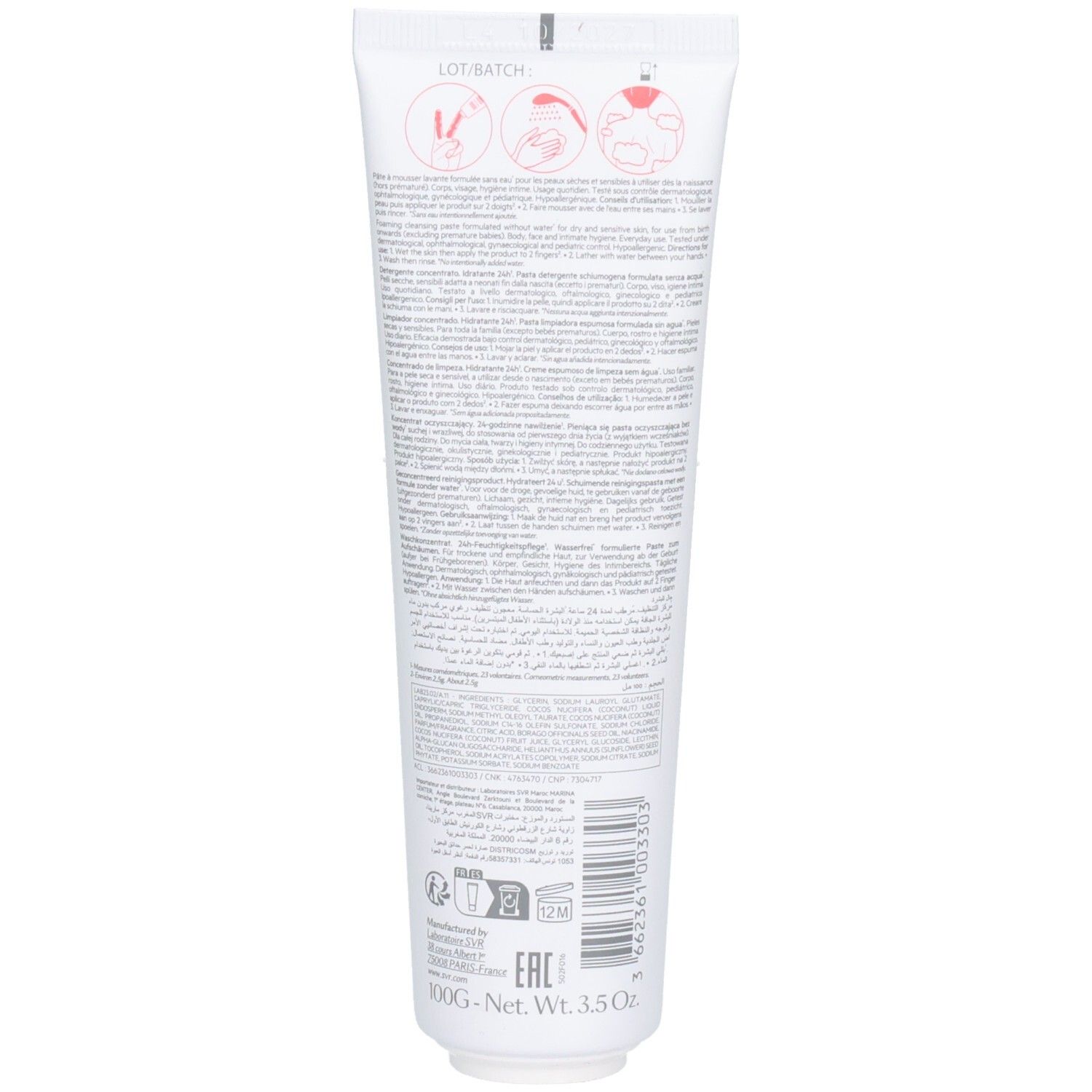 Rückseite einer weißen Tube. Text in mehreren Sprachen. Informationen zu Inhaltsstoffen und Anwendung. 100g. Netto 3.5 Oz.