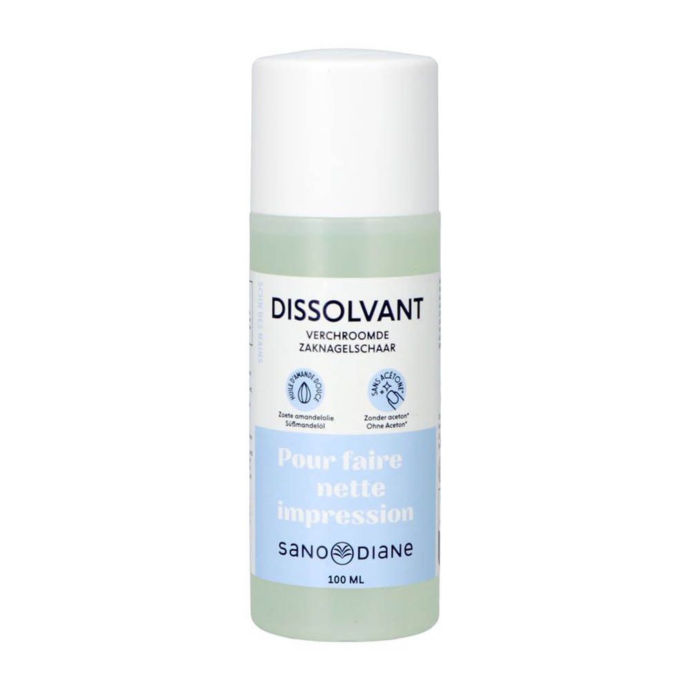 Flacon de dissolvant. Bouchon blanc, liquide transparent. Texte: Dissolvant, sans acétone, Sanodiane.