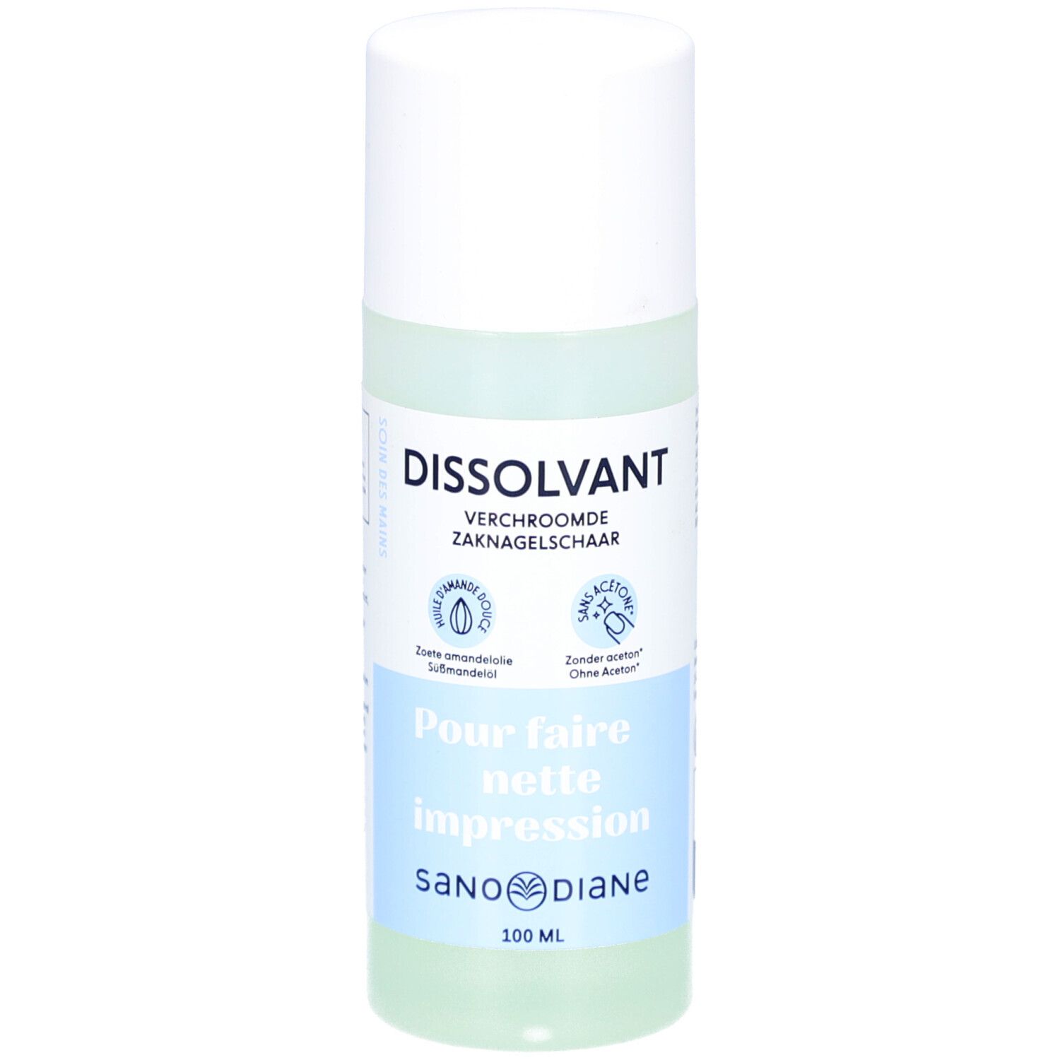 Nagellackentferner-Flasche. Weißer Deckel, transparente Flüssigkeit. Text: Dissolvant, ohne Aceton, Sanodiane.