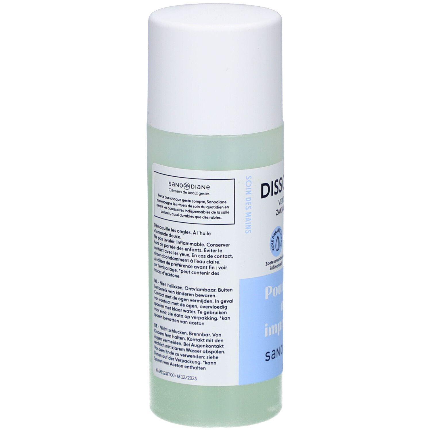 Nagellackentferner-Flasche. Rückseite mit Text. Weißer Deckel, transparente Flüssigkeit. Sanodiane.