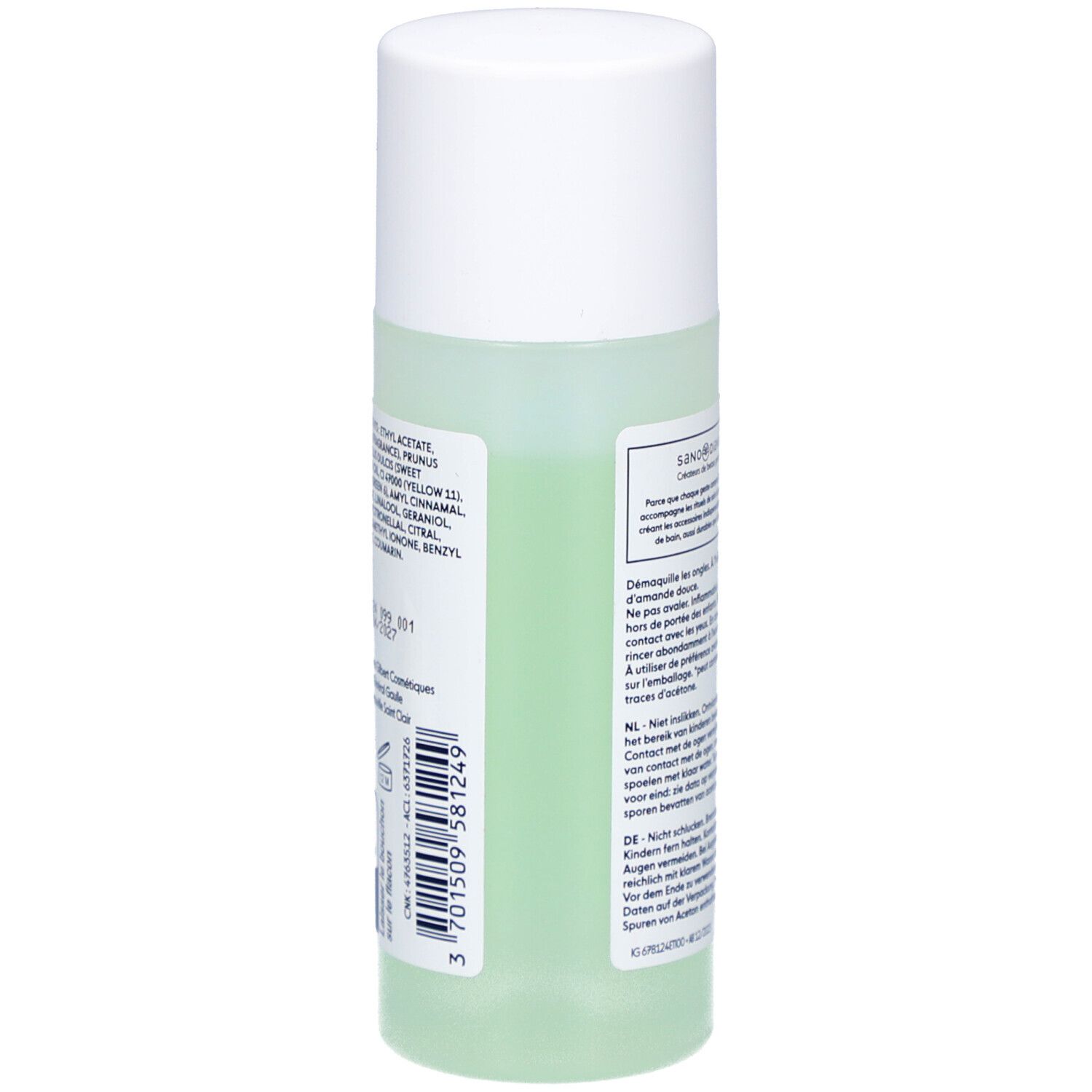 Nagellackentferner-Flasche. Rückseite mit Inhaltsstoffen. Weißer Deckel, transparente Flüssigkeit.