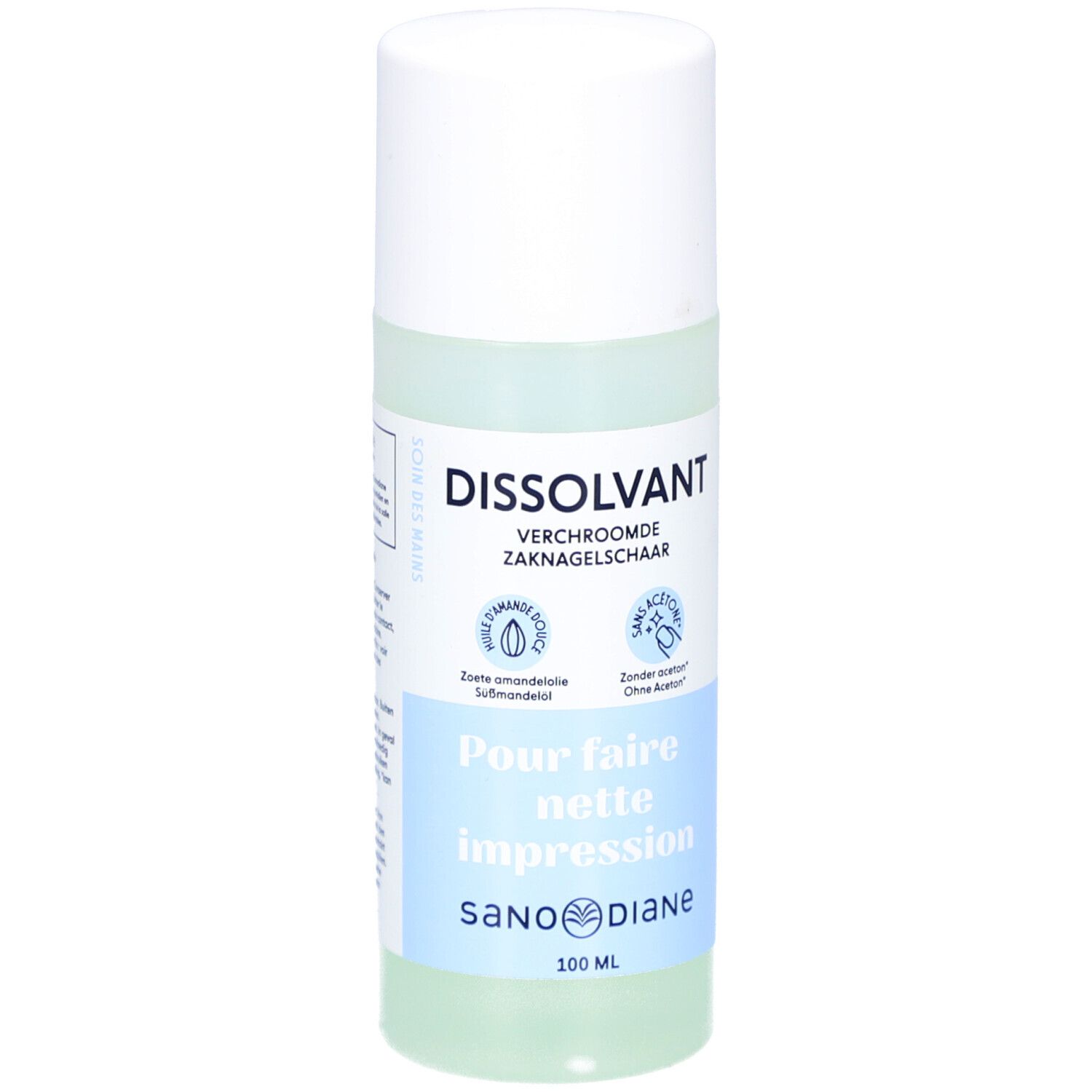 Nagellackentferner-Flasche. Weißer Deckel, transparente Flüssigkeit. Text: Dissolvant, ohne Aceton, Sanodiane.
