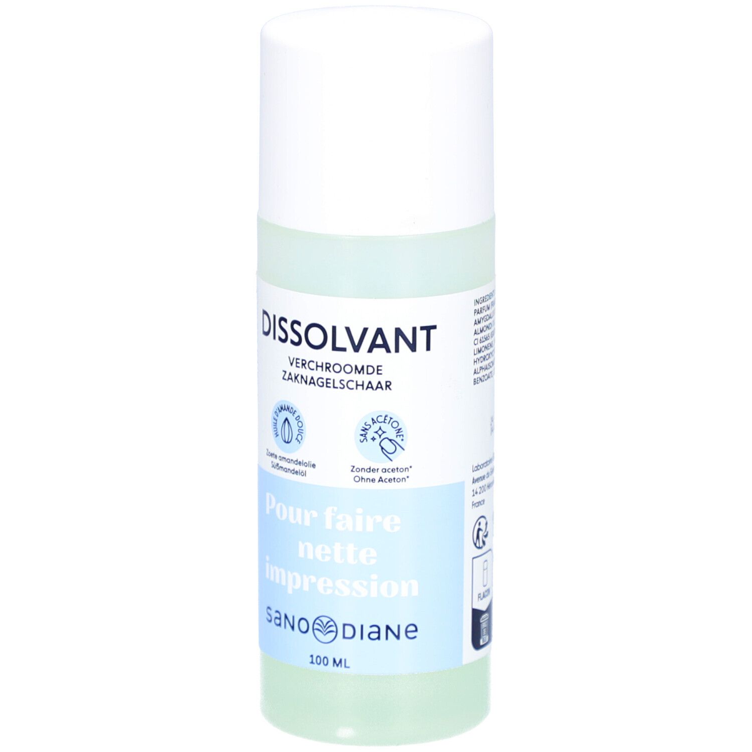 Nagellackentferner-Flasche. Weißer Deckel, transparente Flüssigkeit. Text: Dissolvant, ohne Aceton, Sanodiane.