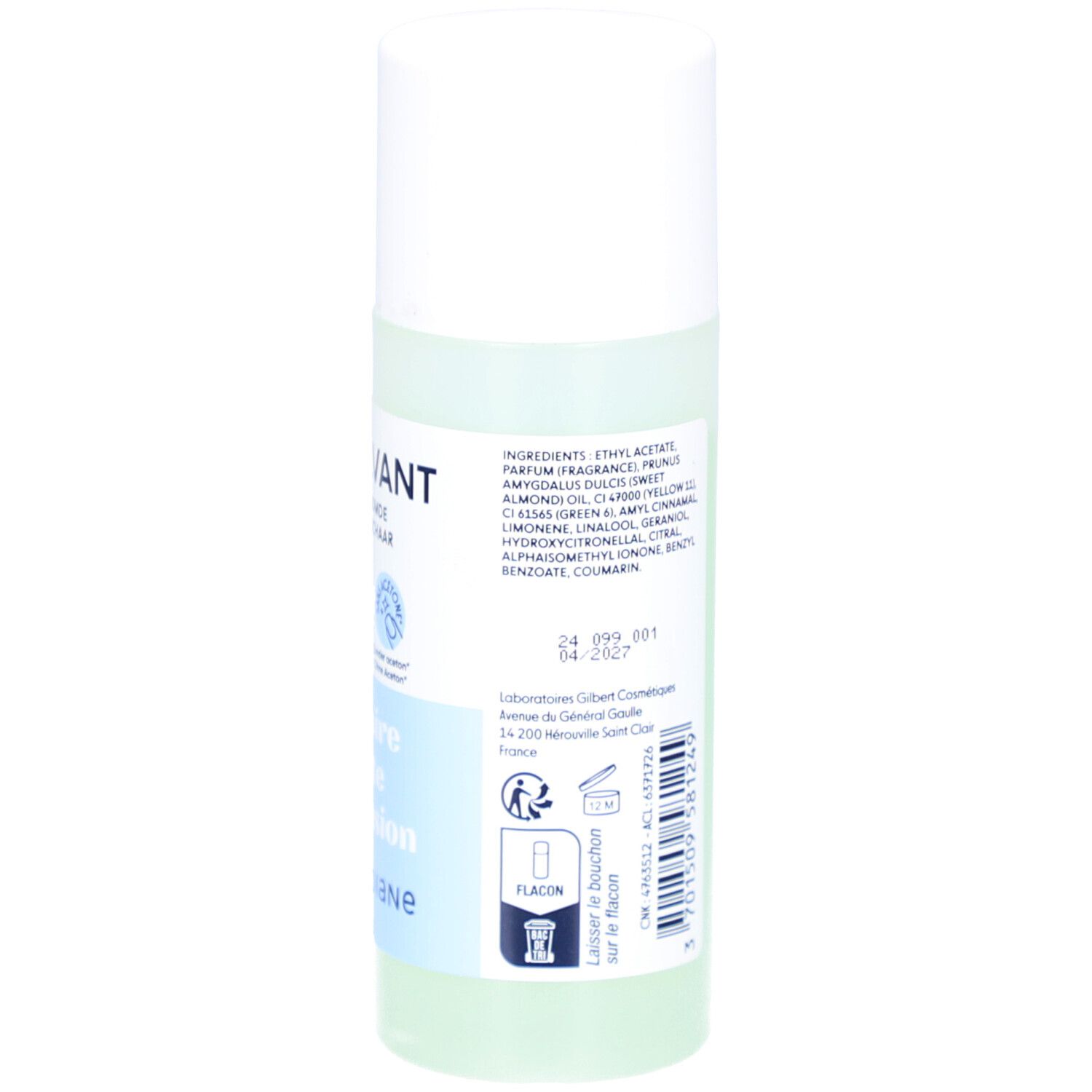 Nagellackentferner-Flasche. Rückseite mit Inhaltsstoffen. Weißer Deckel, transparente Flüssigkeit.