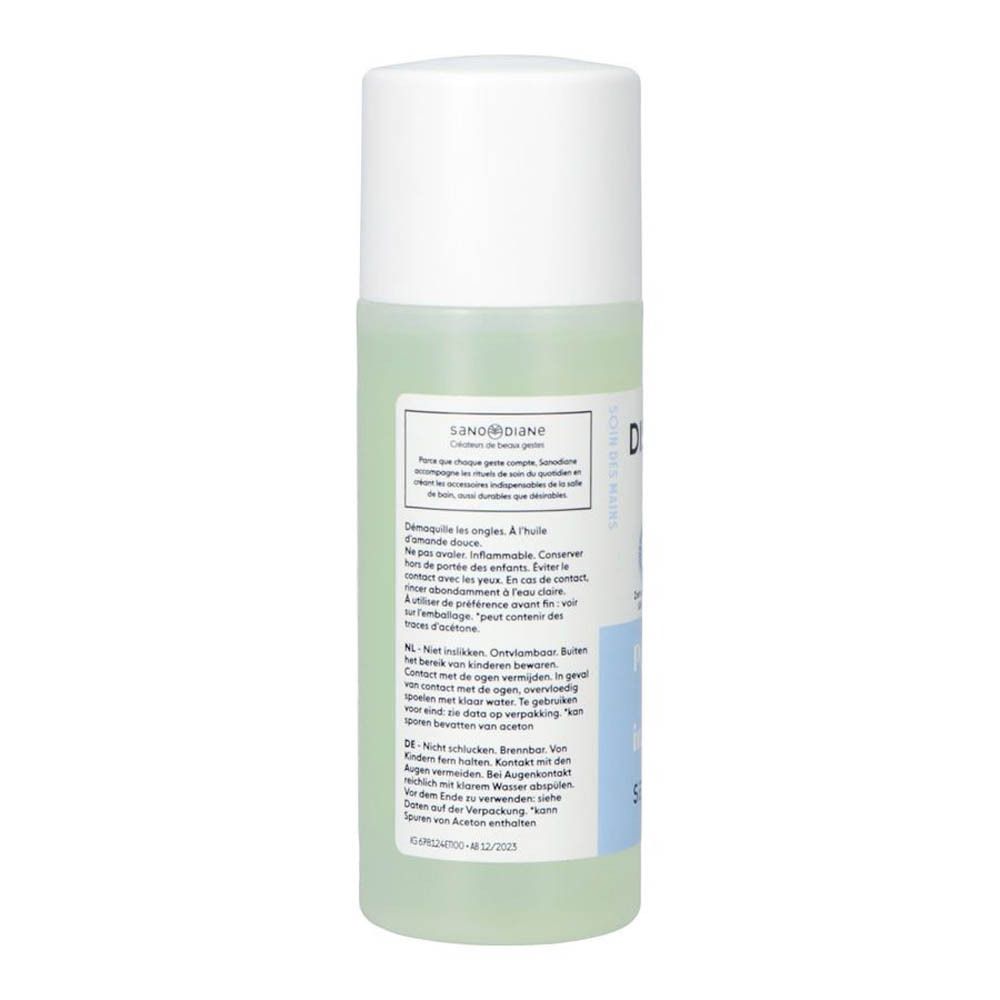 Flacon de dissolvant, dos avec texte. Bouchon blanc, liquide transparent. Sanodiane.