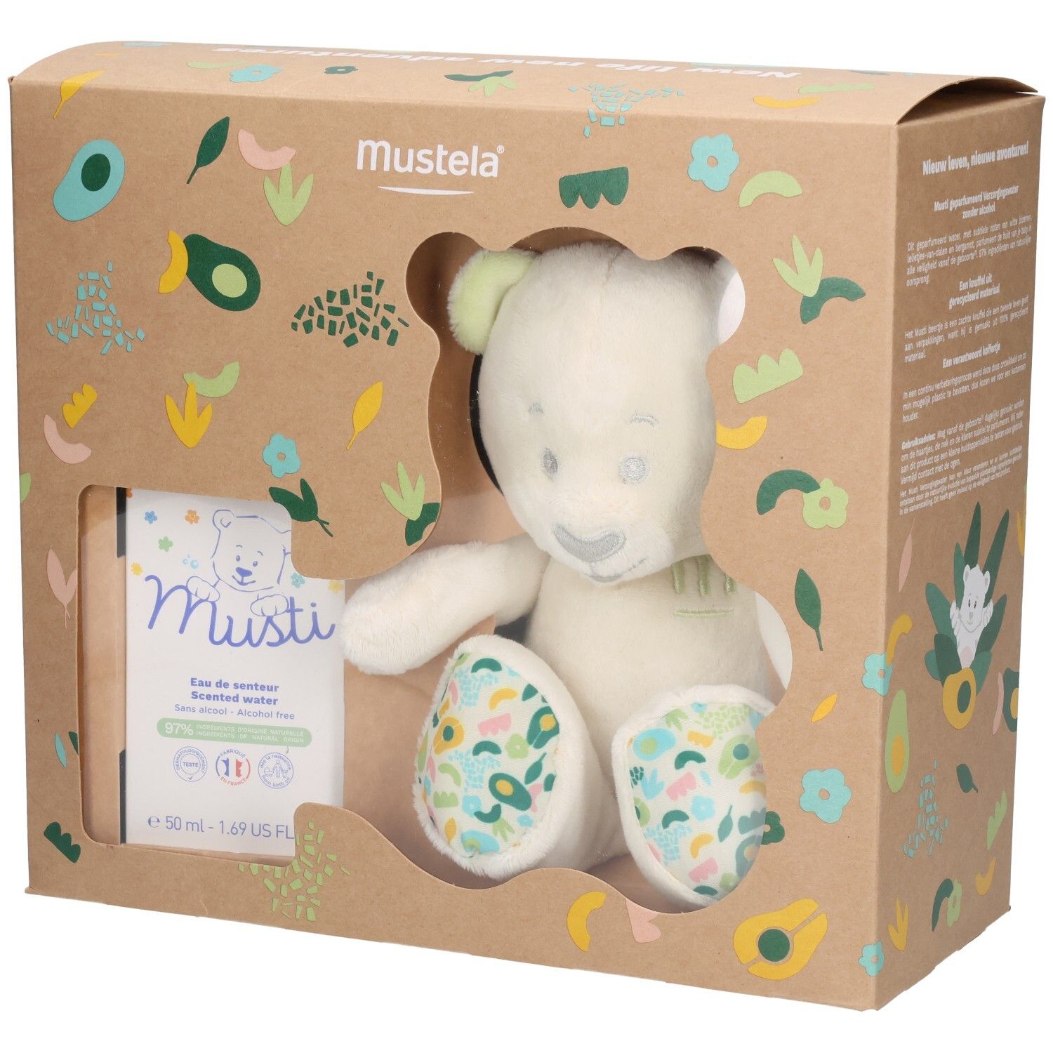 Mustela Geschenkset mit Plüschbär und Parfüm. Der Bär hat grüne Ohren und bunte Pfoten. Die Verpackung ist braun.