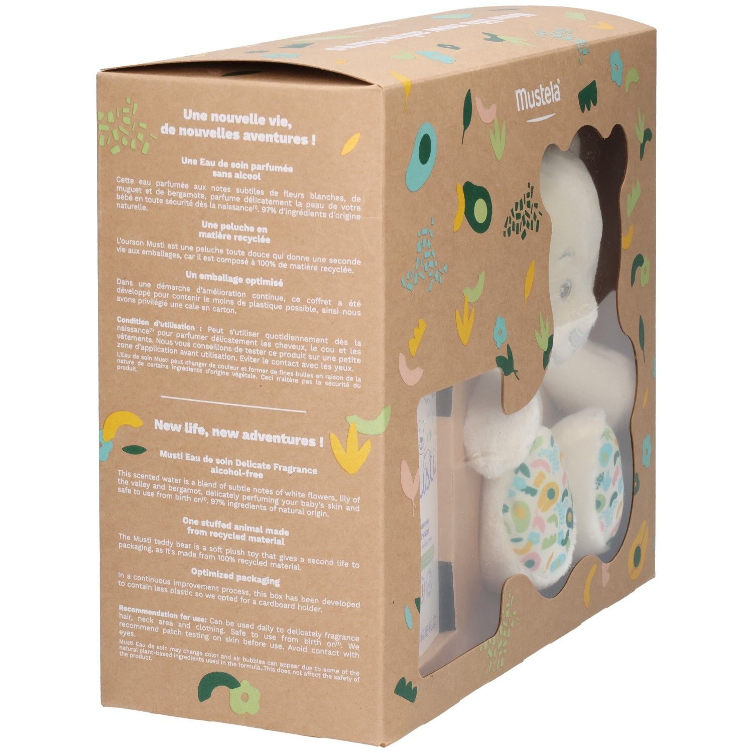 Rückseite der Mustela Geschenkbox mit Produktinformationen und Illustrationen. Enthält Plüschtier und Parfüm.