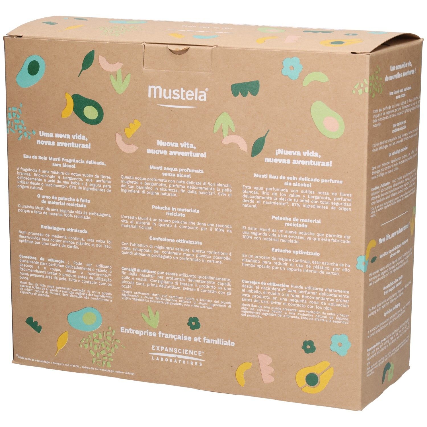 Seitenansicht der Mustela Geschenkbox. Die Box ist mit Avocado- und Blumenmotiven verziert. Enthält Plüschtier und Parfüm.