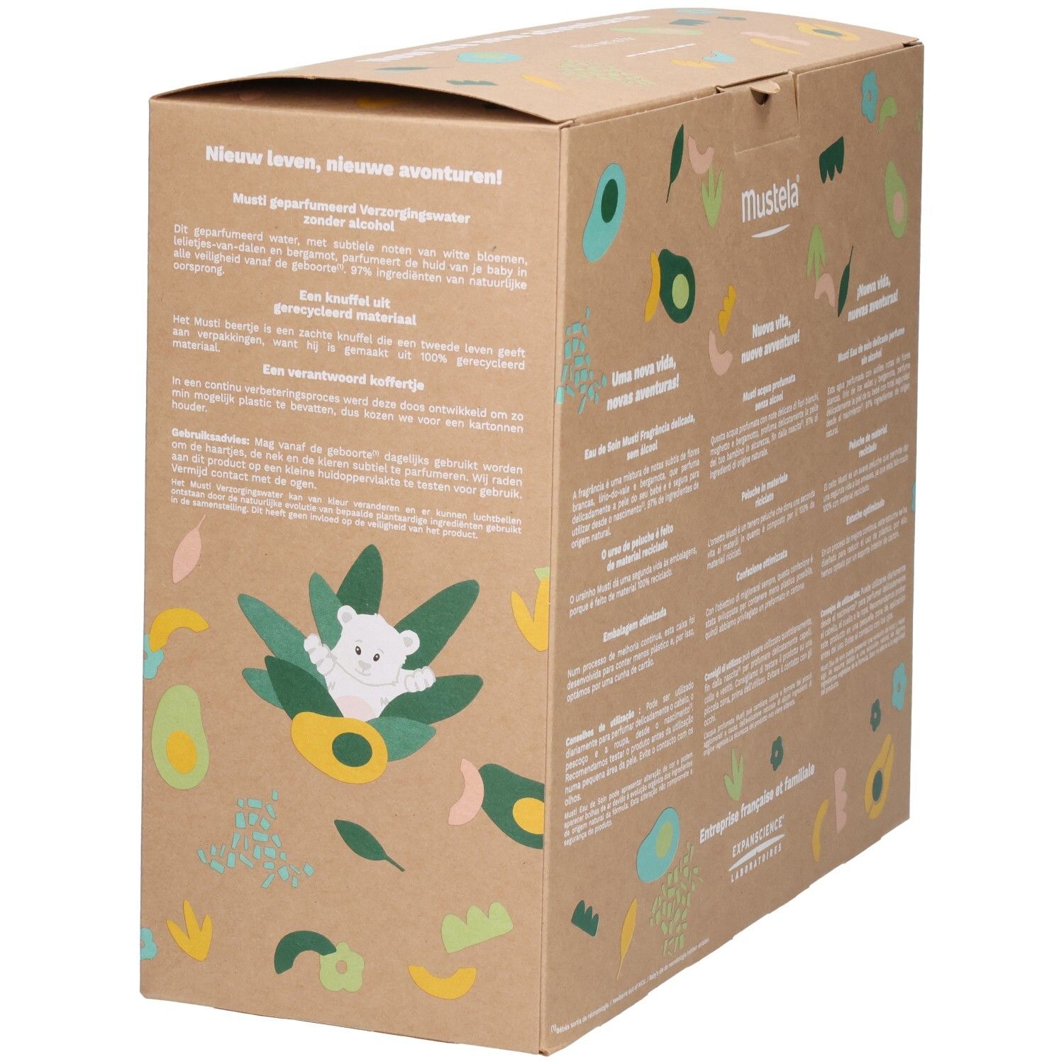 Seitenansicht der Mustela Geschenkbox mit detaillierten Produktinformationen auf Deutsch und Französisch. Enthält Plüschtier und Parfüm.