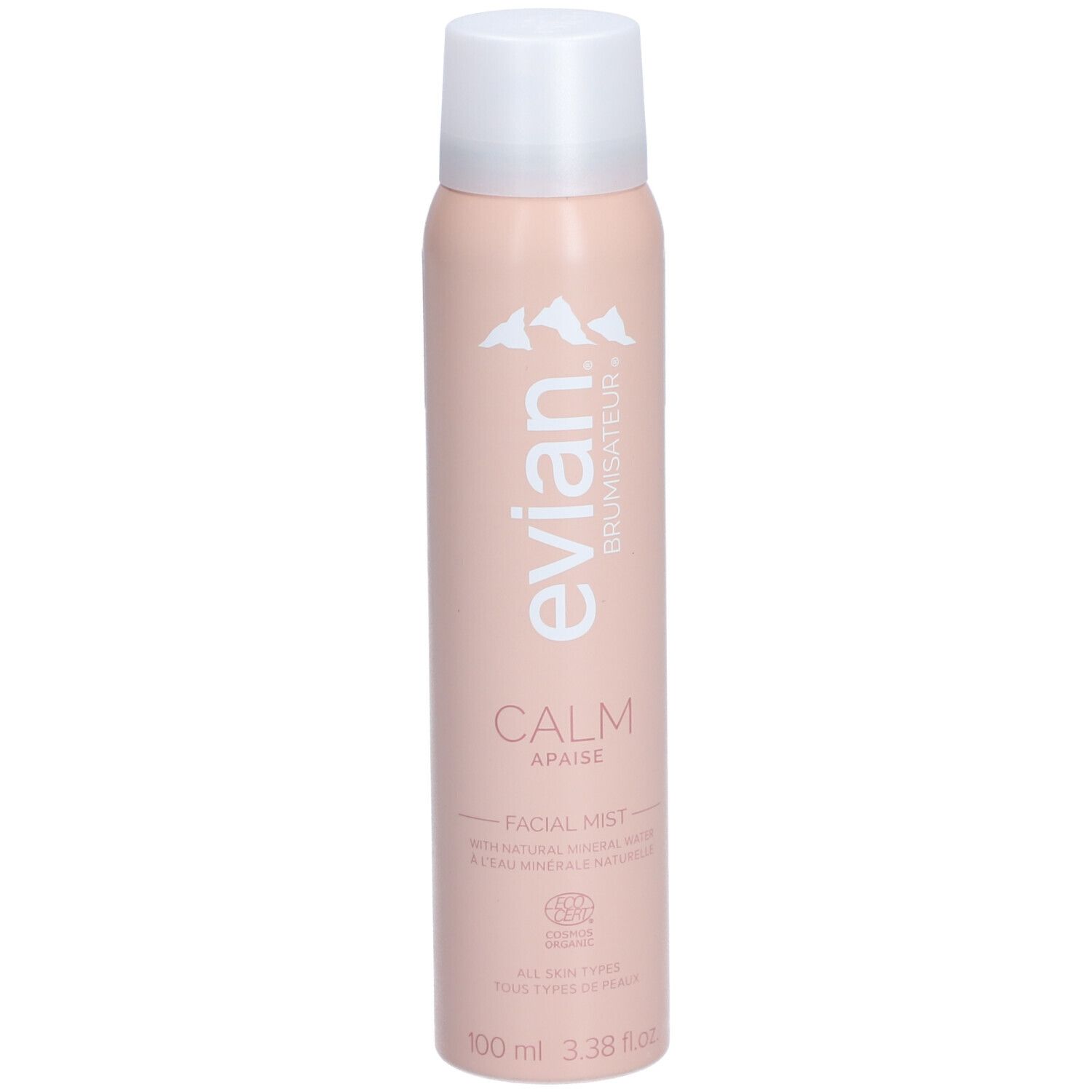 Rosa Sprühflasche mit weißem Deckel. Aufschrift: evian, Brumisateur, Calm, Apaise, Facial Mist. Mit Zertifizierung.