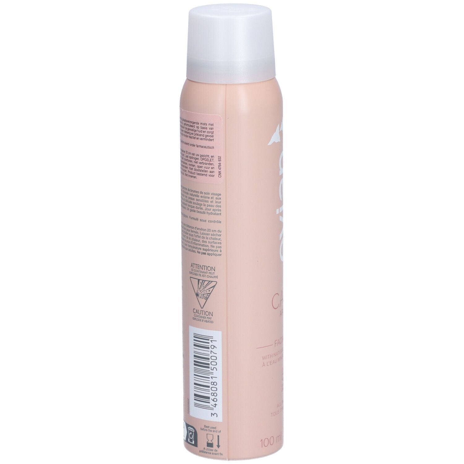 Rosa Sprühflasche mit weißem Deckel. Rückseite mit Text und Barcode. Aufschrift: Attention, Caution.