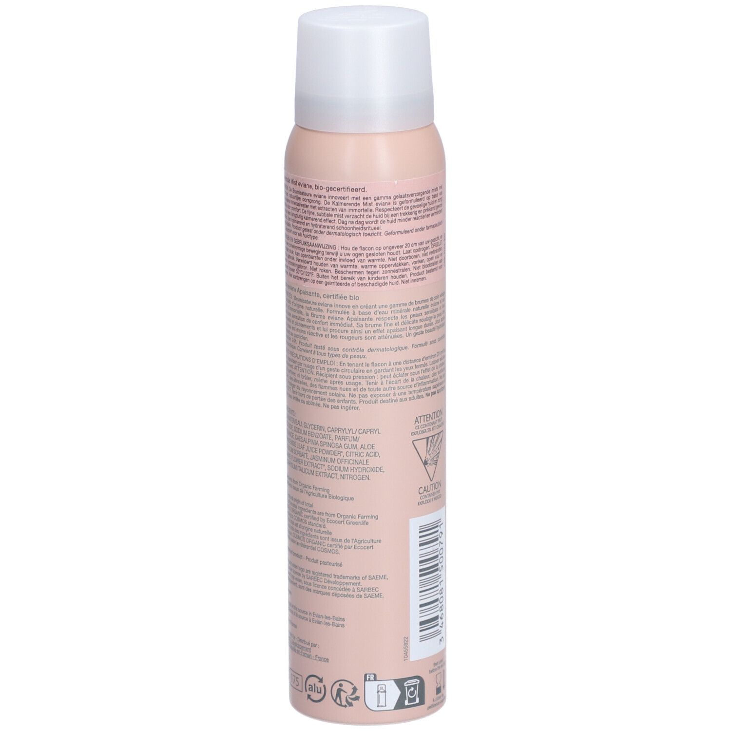 Rosa Sprühflasche mit weißem Deckel. Rückseite mit Text und Barcode. Mit Zertifizierung.