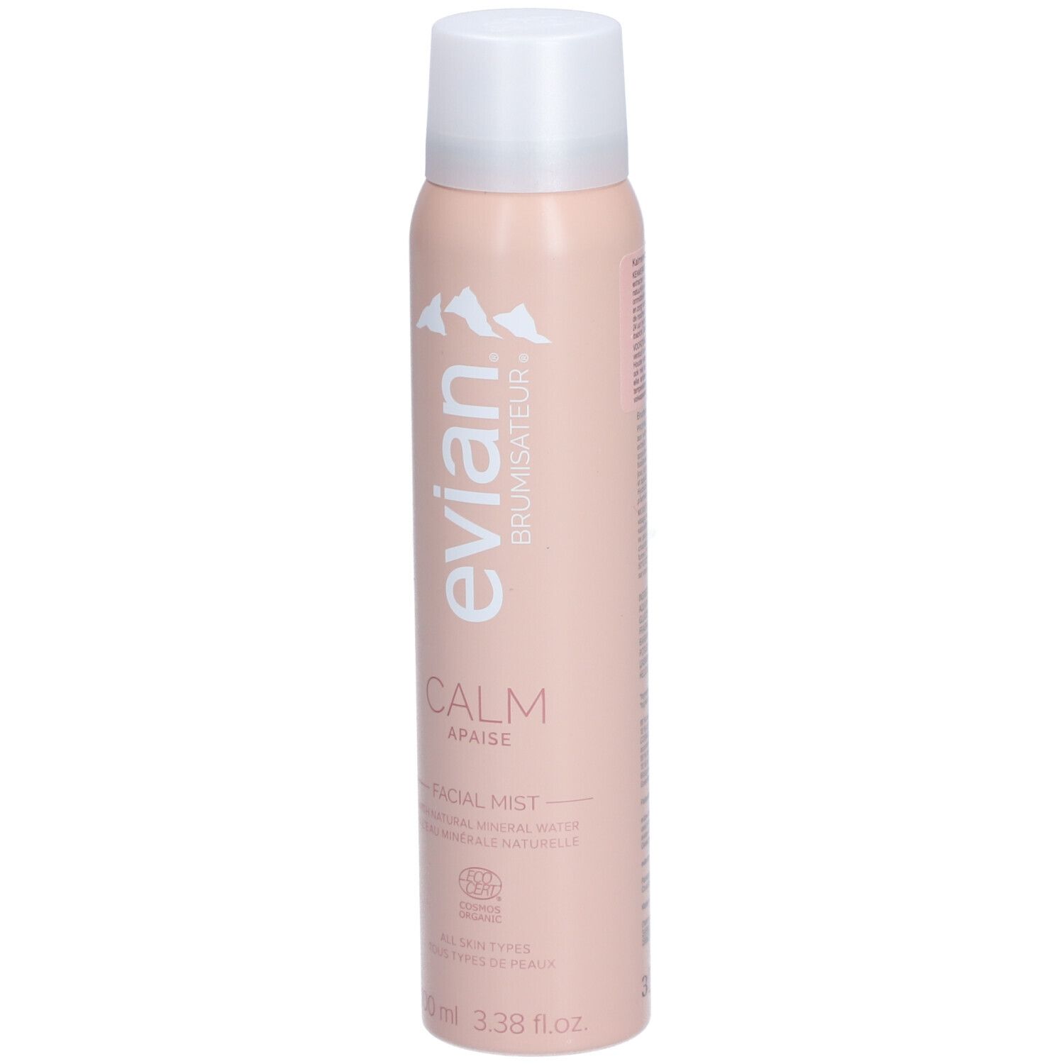 Rosa Sprühflasche mit weißem Deckel. Aufschrift: evian, Brumisateur, Calm, Apaise, Facial Mist. Mit Zertifizierung.