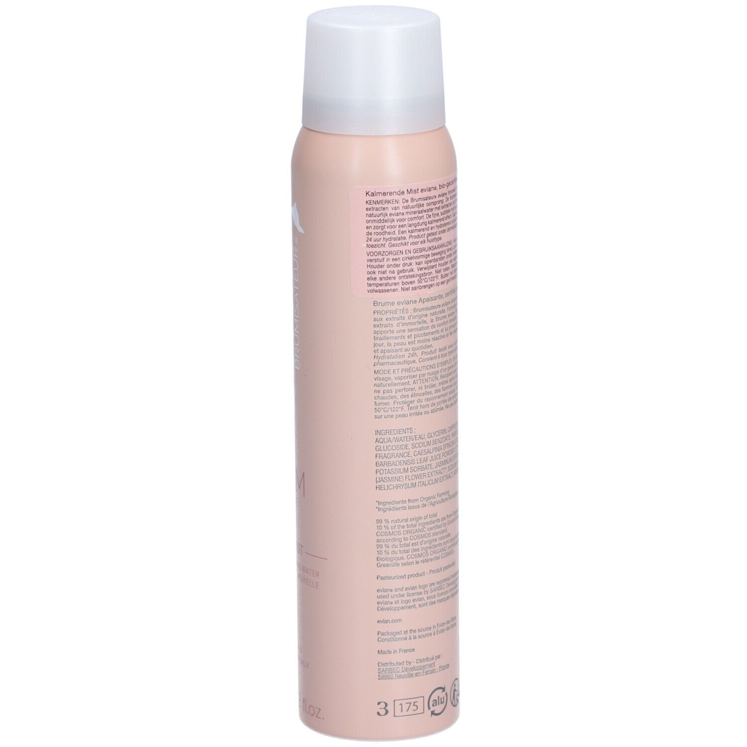 Rosa Sprühflasche mit weißem Deckel. Rückseite mit Text und Barcode. Mit Zertifizierung.