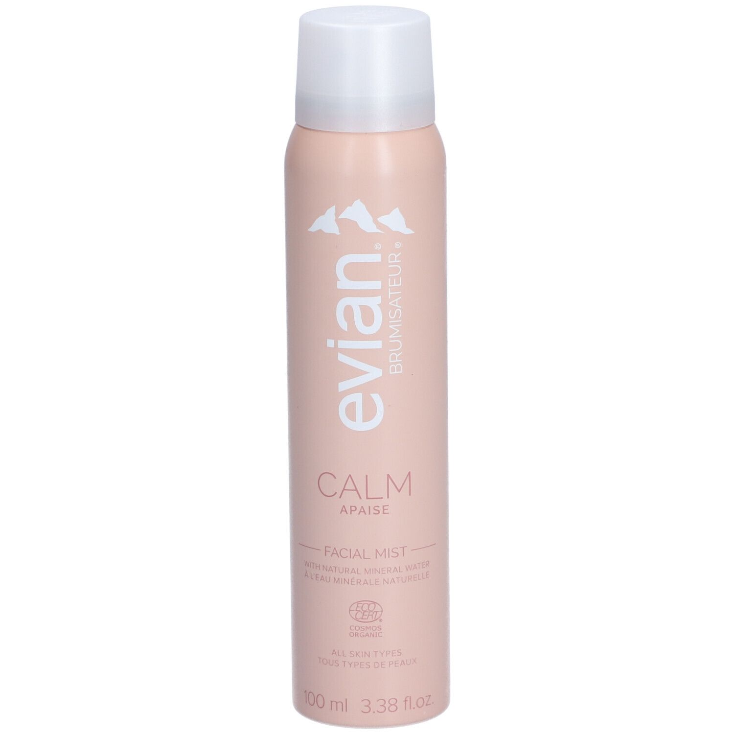 Rosa Sprühflasche mit weißem Deckel. Aufschrift: evian, Brumisateur, Calm, Apaise, Facial Mist. Mit Zertifizierung.