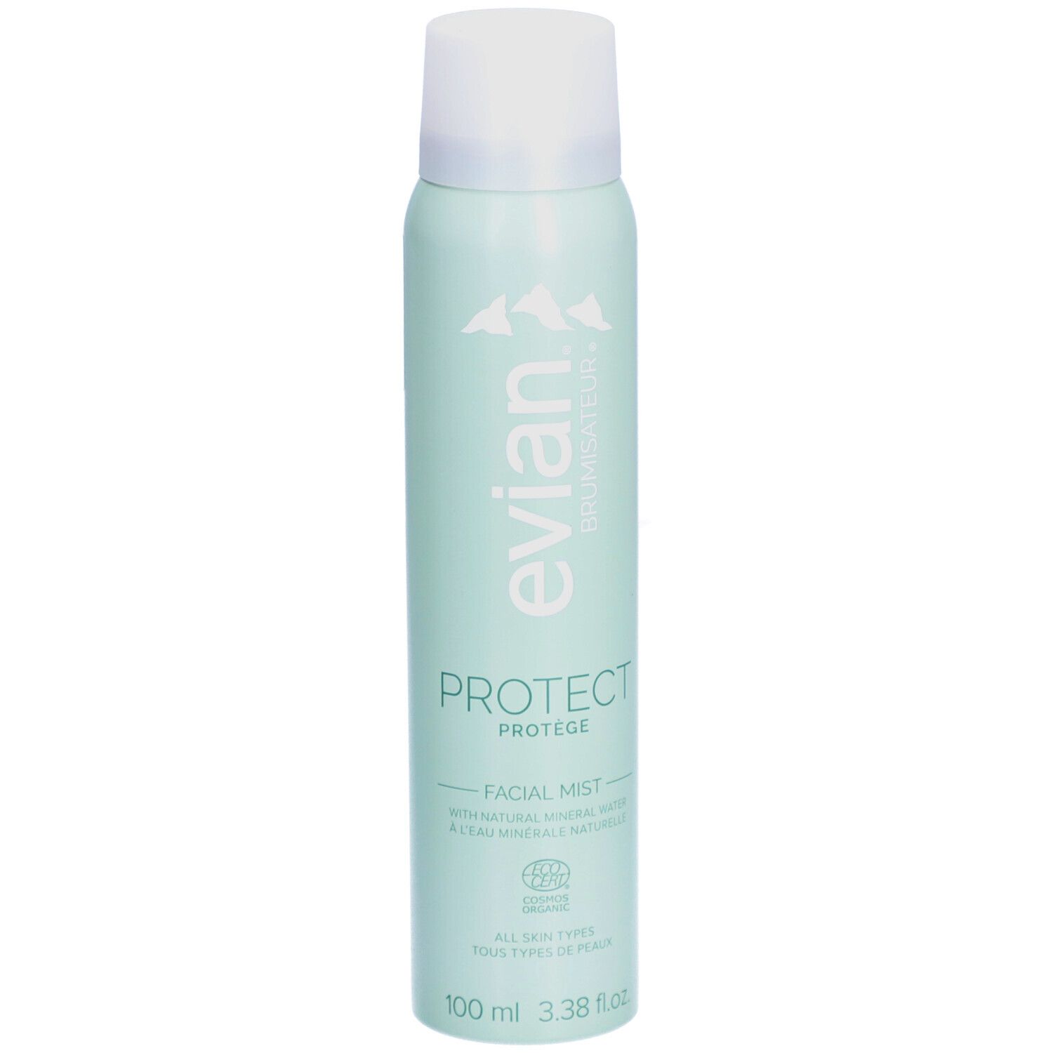 Hellgrüne Sprühflasche mit weißem Deckel. Aufschrift: evian, Brumisateur, Protect, Facial Mist. Mit Zertifizierungslogo.