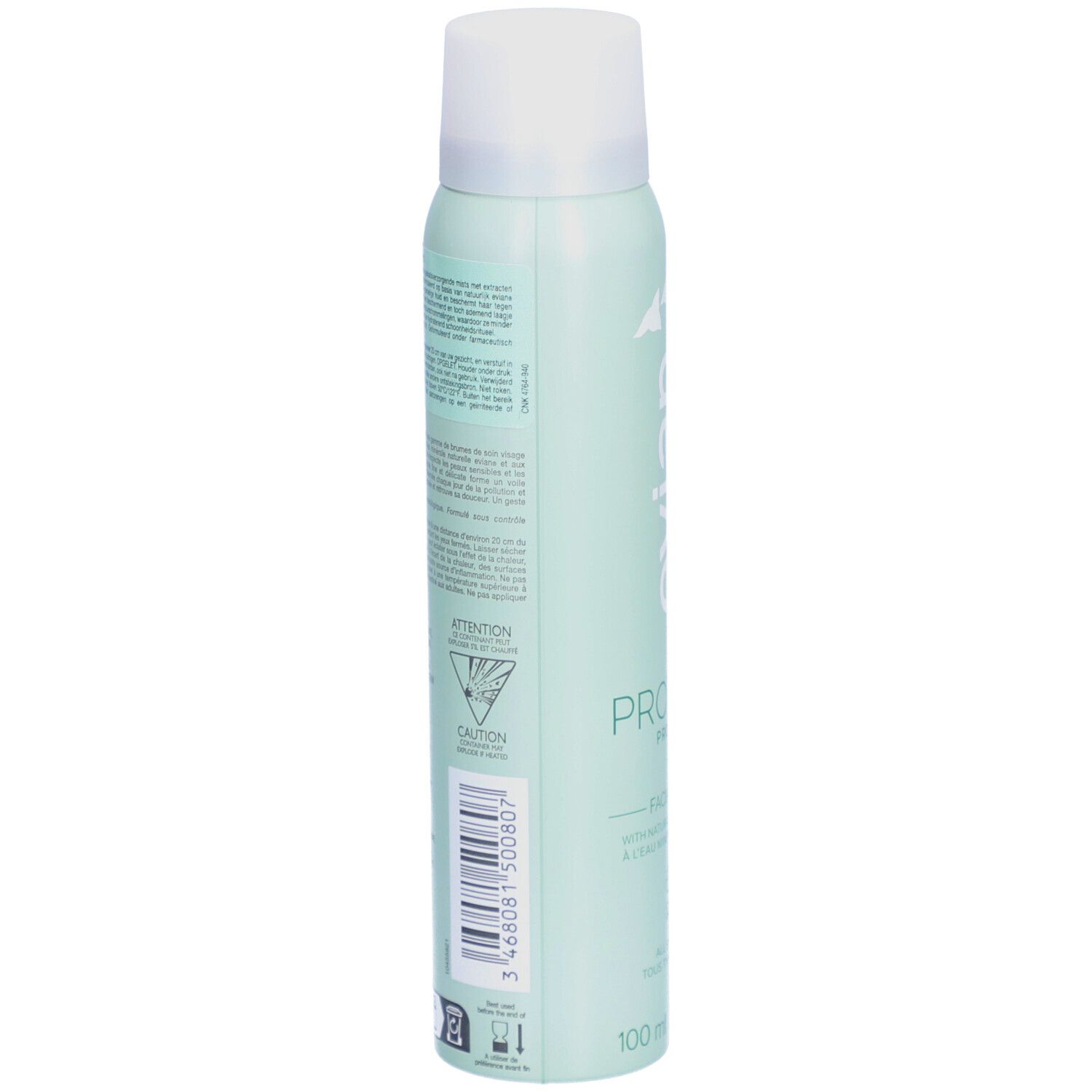 Hellgrüne Sprühflasche. Rückseite mit Text und Barcode. Aufschrift: Attention, Vorsicht. Mit Recycling-Symbolen.