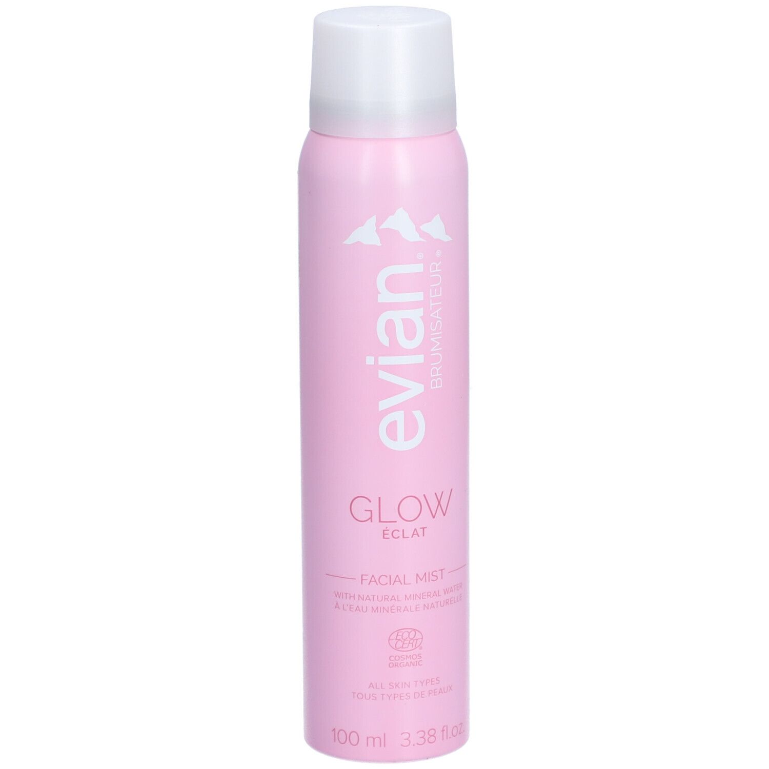 Rosa Sprühflasche mit weißem Deckel. Aufschrift: Evian, Glow, Éclat, Facial Mist. Mit Bio-Siegel.