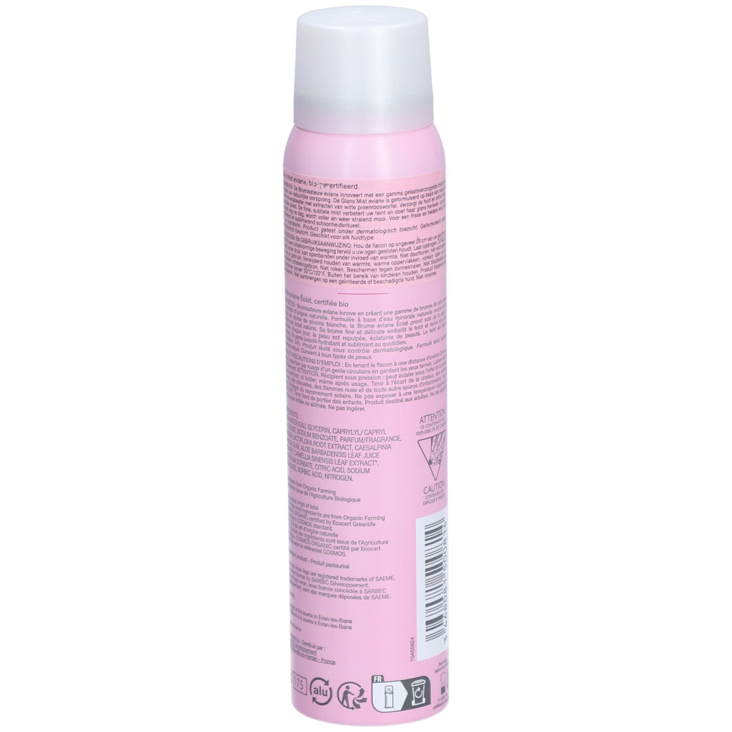 Rosa Sprühflasche mit weißem Deckel. Rückseite mit Text und Barcode. Vorsicht-Symbol.