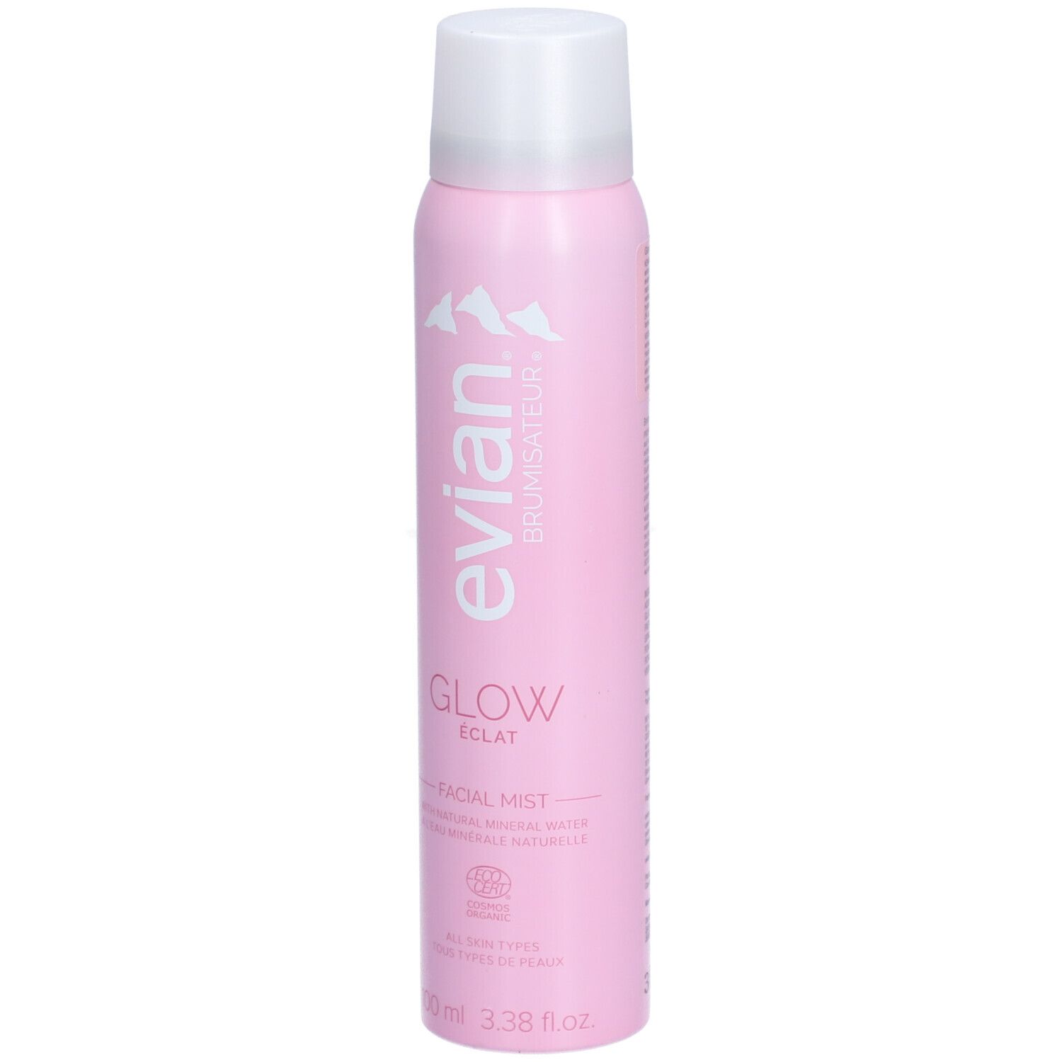 Rosa Sprühflasche mit weißem Deckel. Aufschrift: Evian, Glow, Éclat, Facial Mist. Mit Bio-Siegel.