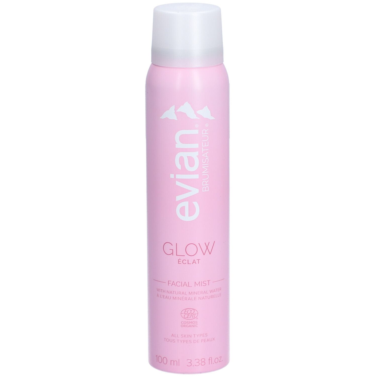 Rosa Sprühflasche mit weißem Deckel. Aufschrift: Evian, Glow, Éclat, Facial Mist. Mit Bio-Siegel.