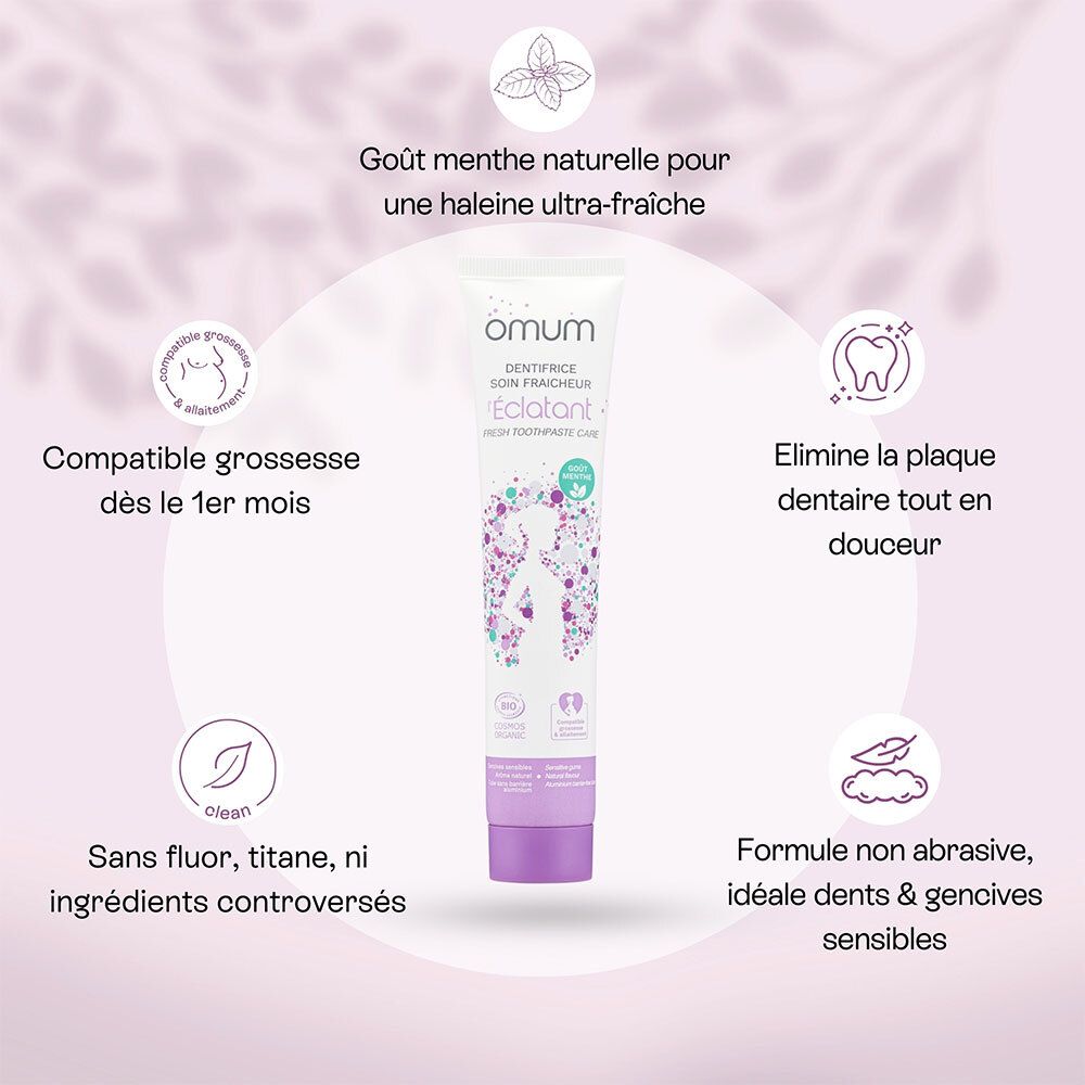 Tube blanc, bouchon violet. Inscription Omum, Dentifrice Soin Fraîcheur, L'Éclatant. Certification bio.