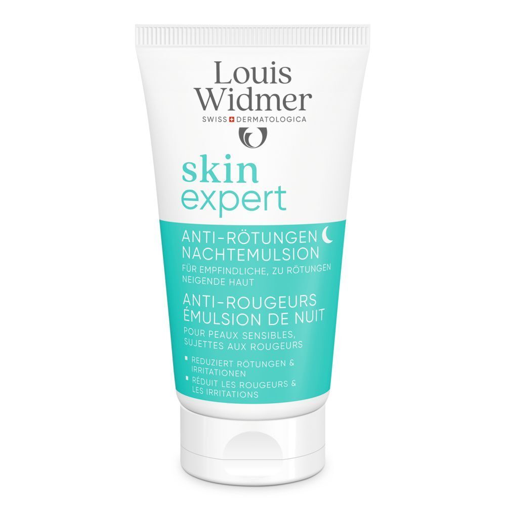 Tube de crème Louis Widmer. Skin Expert Anti-Rougeurs Émulsion de Nuit. Tube blanc avec accents turquoise et nom du produit.