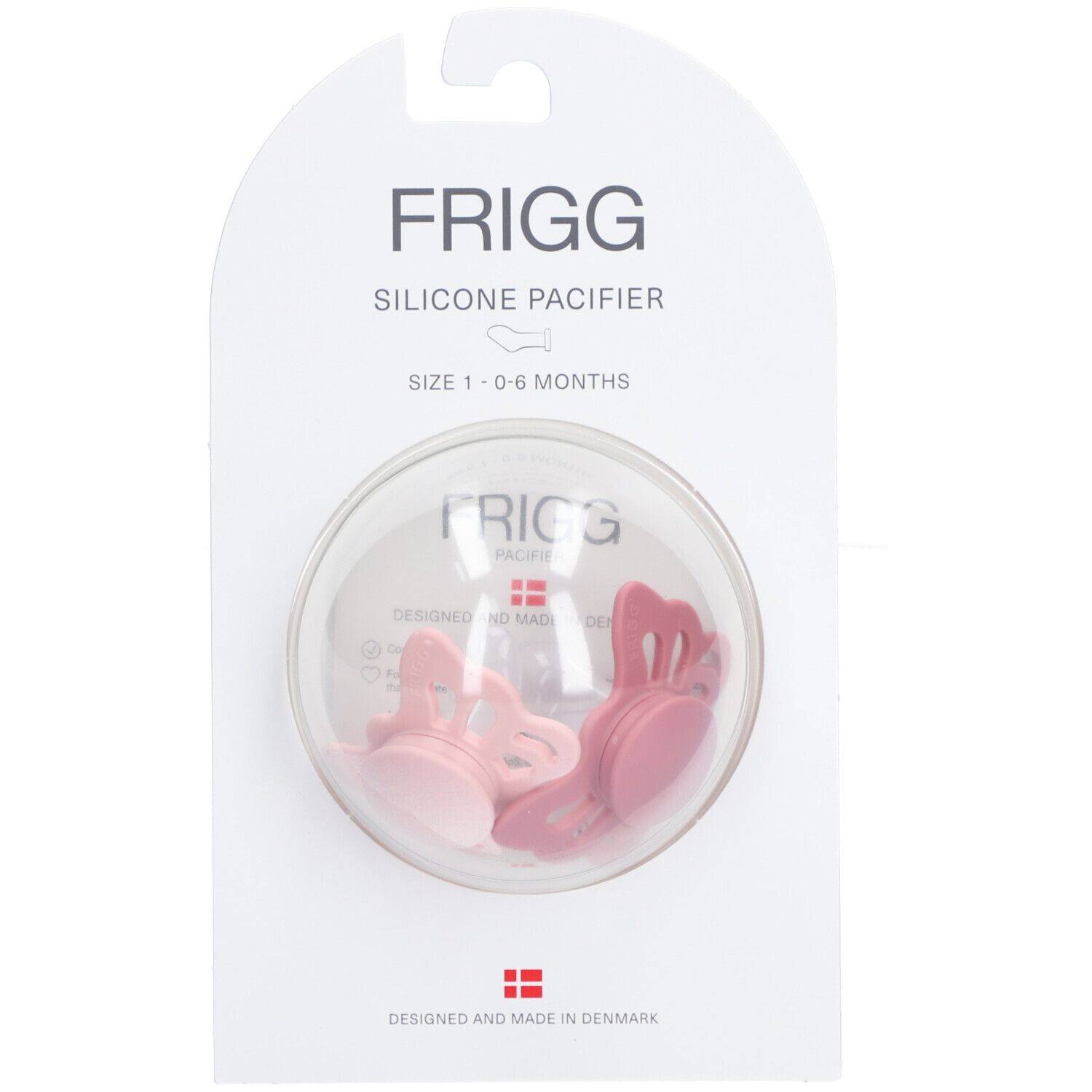 Deux sucettes FRIGG en silicone, 0-6 mois, rose et rose clair, dans un emballage transparent. Marque visible.