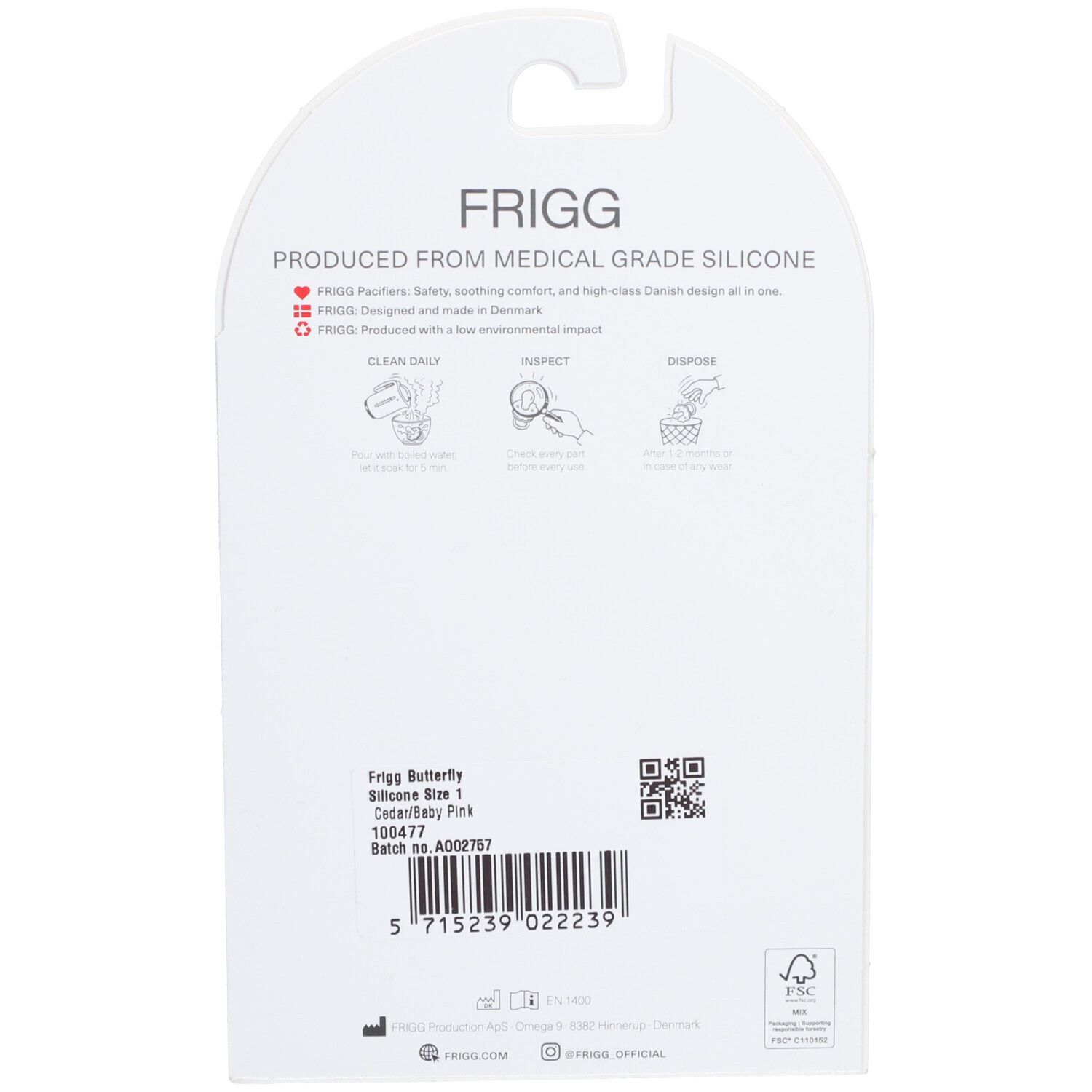 Dos de l'emballage avec informations produit FRIGG. Instructions de nettoyage et d'élimination. Sucette rose.