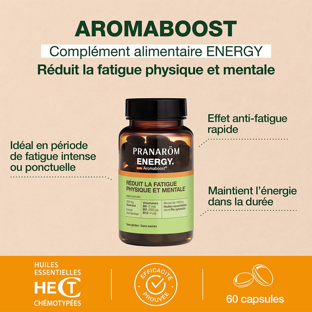 Packaging produit avec flacon et gélules. Inscription: Aromaboost ENERGY. Réduit la fatigue. Contient 60 gélules.