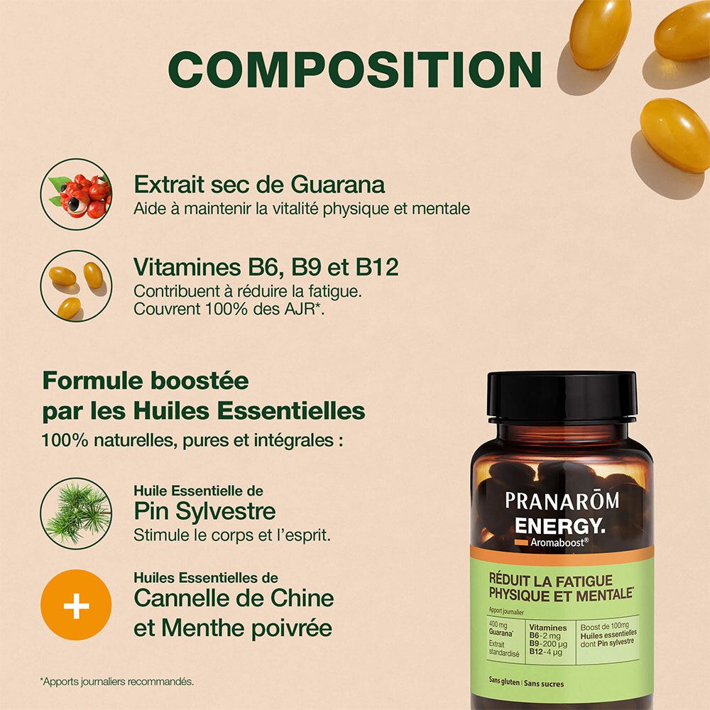 Flacon et ingrédients. Extrait de guarana, vitamines B6, B9, B12. Formule avec huiles essentielles: pin, cannelle, menthe poivrée.