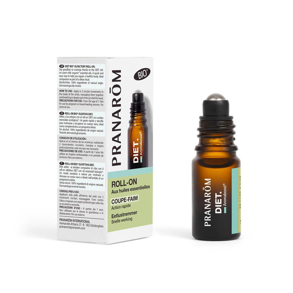 Roll-On-Flasche und Kartonverpackung. Aufschrift: Pranarôm, Diet, Roll-On, Coupe-Faim. Bio-Zertifizierung.