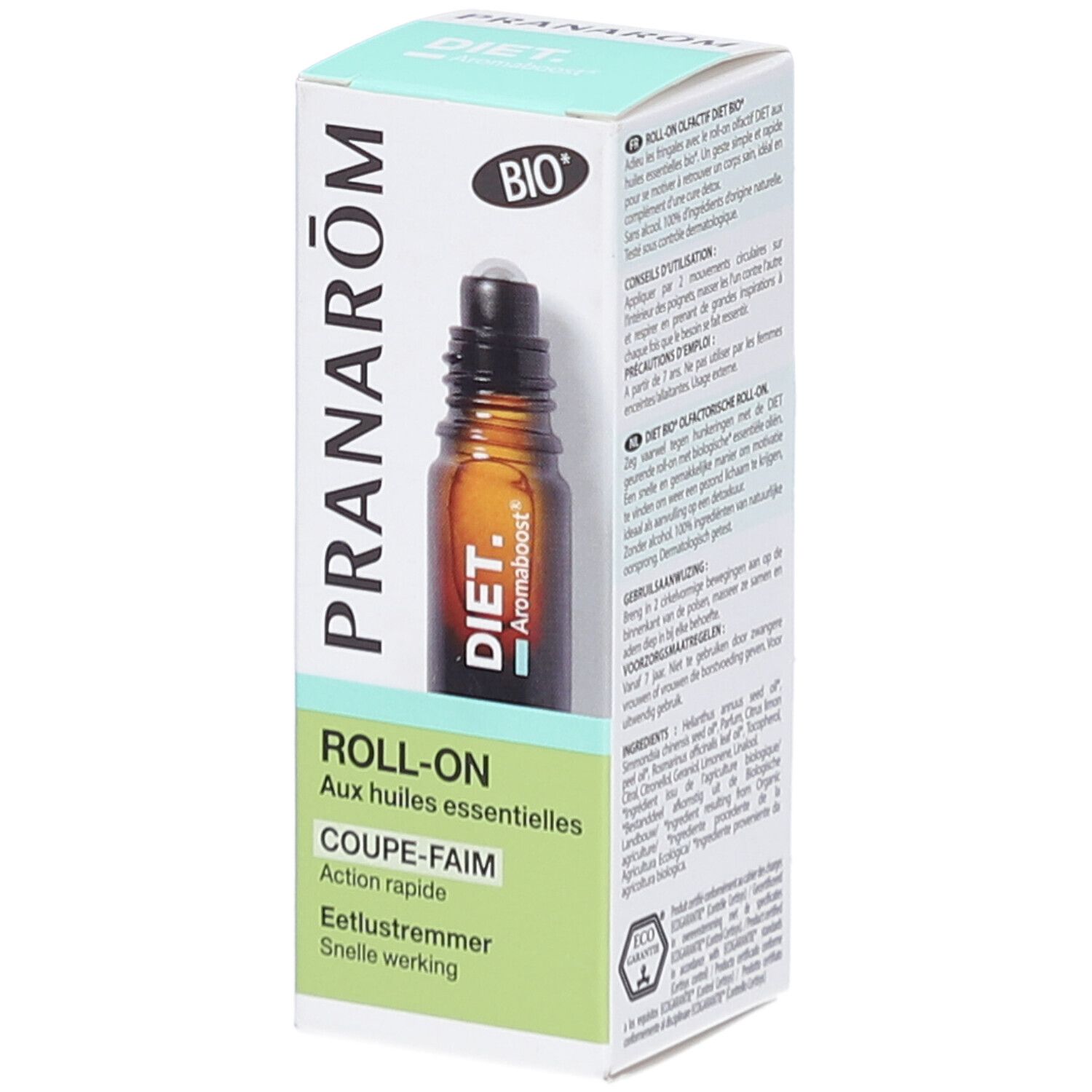 Braune Glasflasche mit Roll-On-Applikator in einer weißen Schachtel. Aufdruck: Pranarôm, Diet, Roll-On, Coupe-Faim.