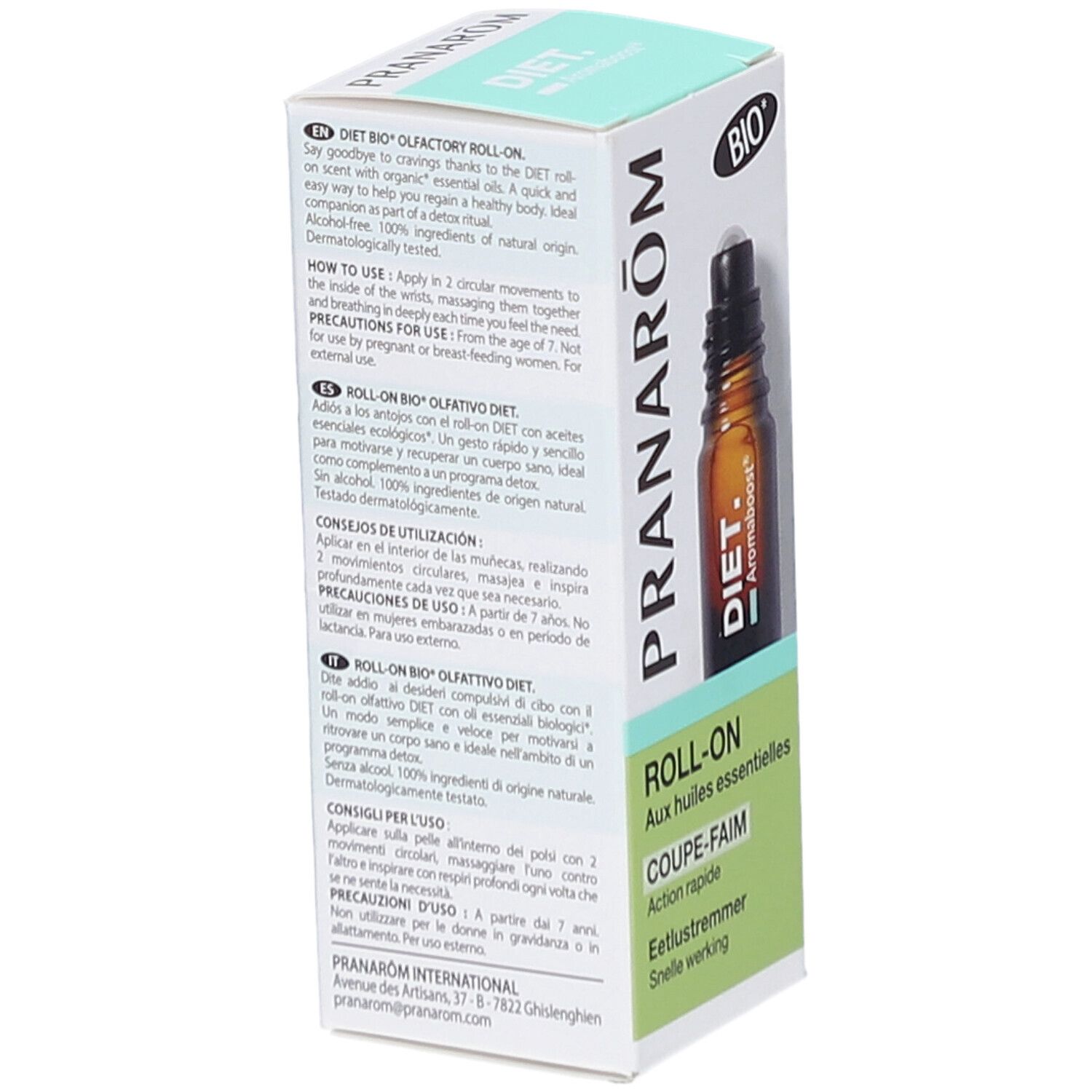 Weiße Schachtel mit brauner Glasflasche und Roll-On-Applikator. Aufdruck: Pranarôm, Diet, Roll-On, Coupe-Faim. Bio-Siegel.