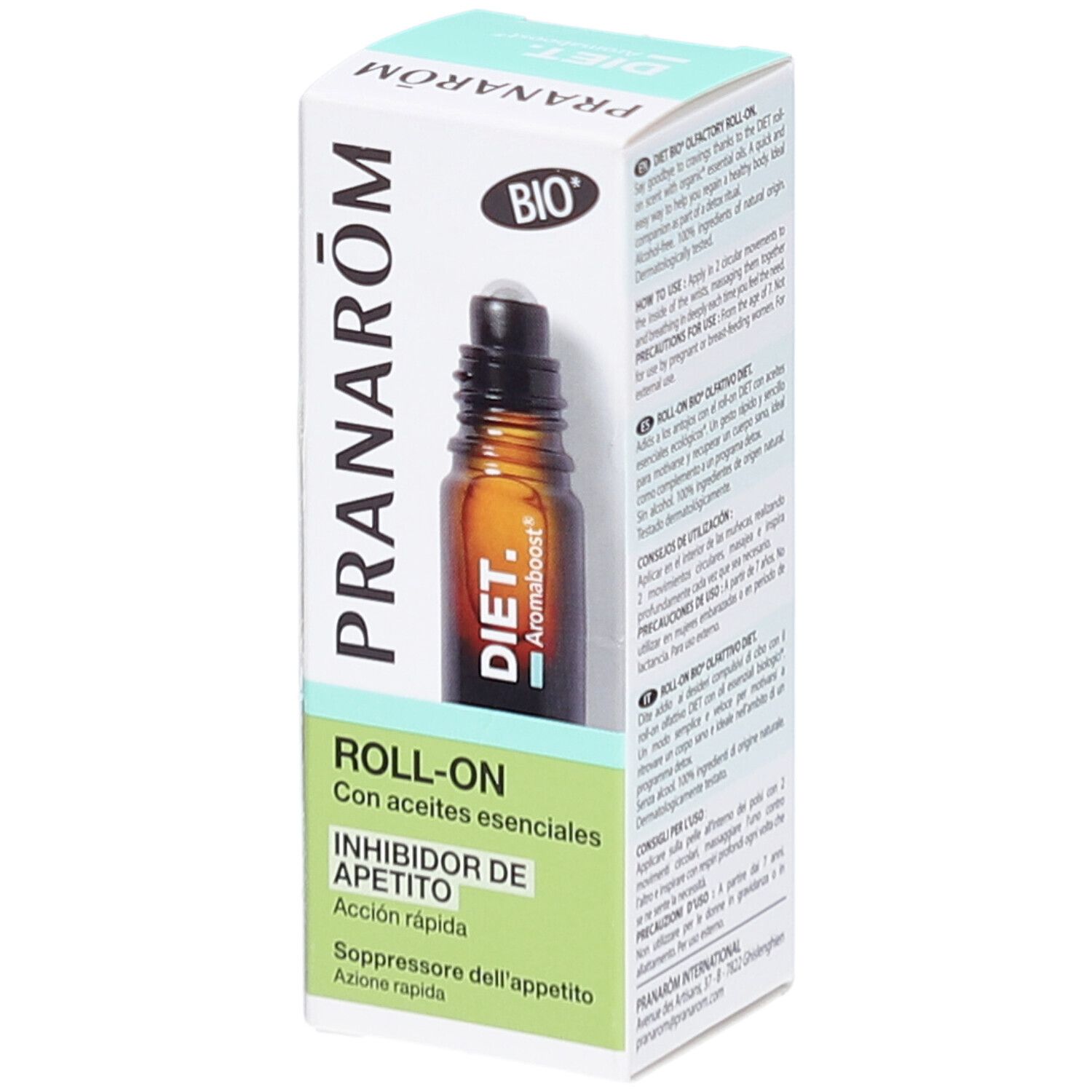Braune Glasflasche mit Roll-On-Applikator in einer weißen Schachtel. Aufdruck: Pranarôm, Diet, Roll-On, Inhibidor de Apetito.