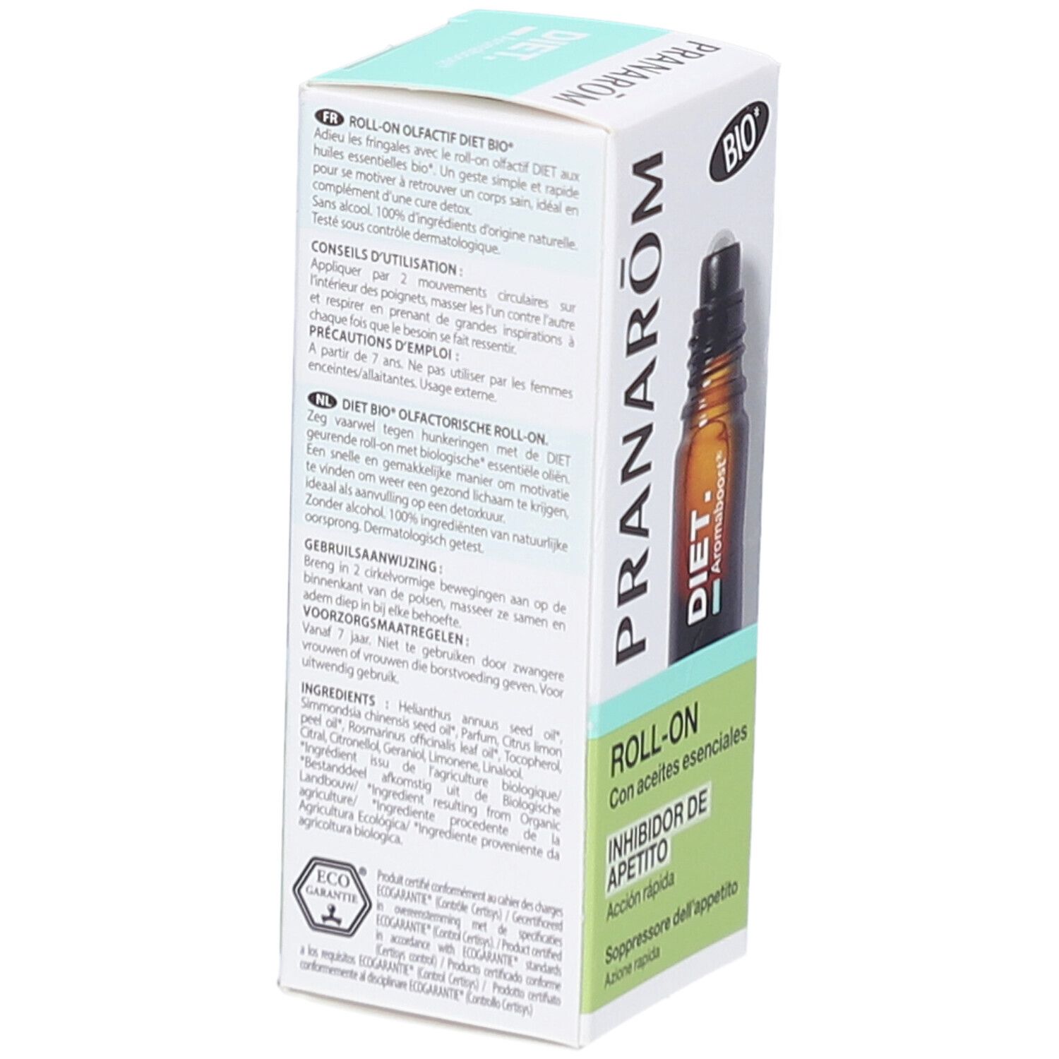 Weiße Schachtel mit brauner Glasflasche und Roll-On-Applikator. Aufdruck: Pranarôm, Diet, Roll-On, Inhibidor de Apetito. Bio-Siegel.