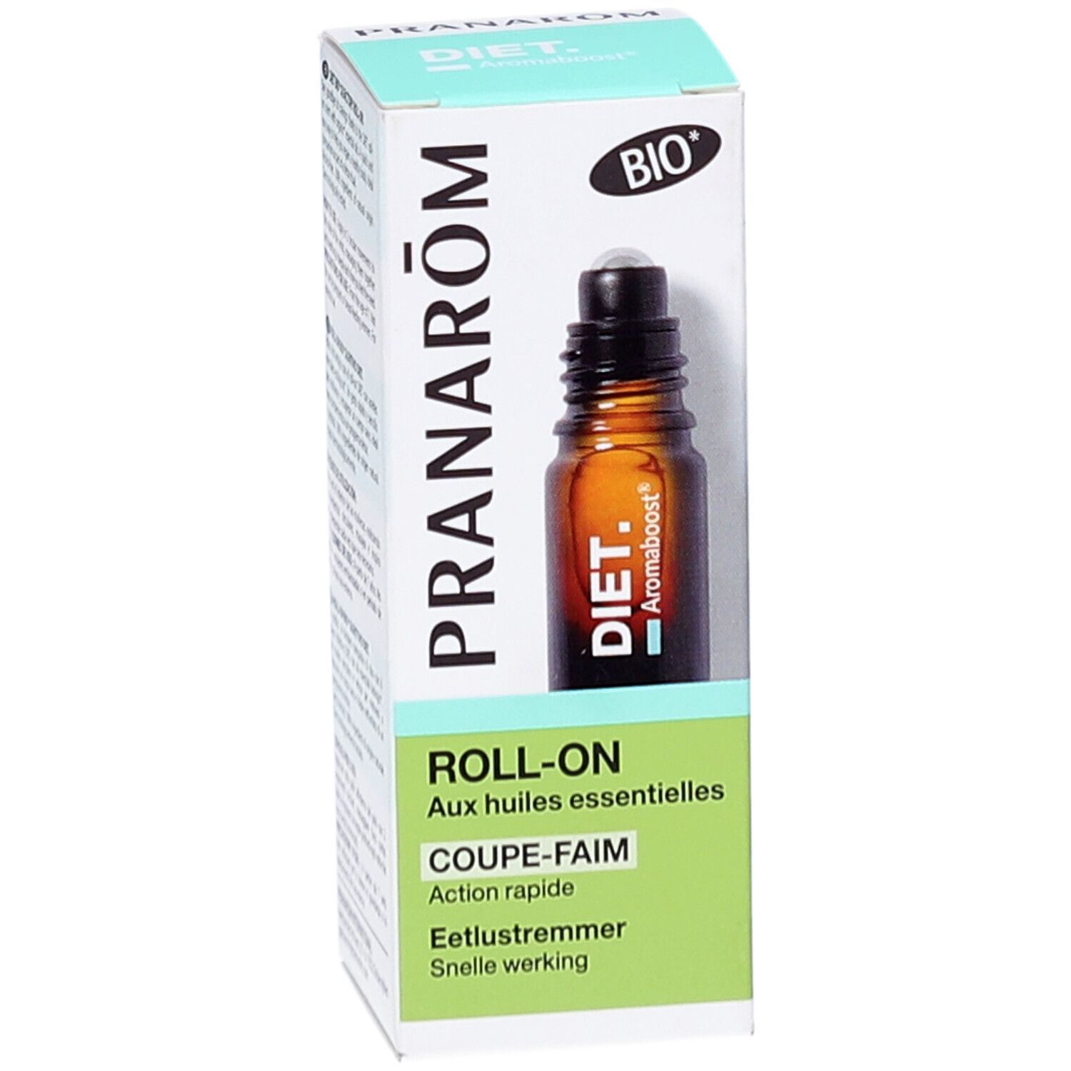 Braune Glasflasche mit Roll-On-Applikator in einer weißen Schachtel. Aufdruck: Pranarôm, Diet, Roll-On, Coupe-Faim. Bio-Siegel.