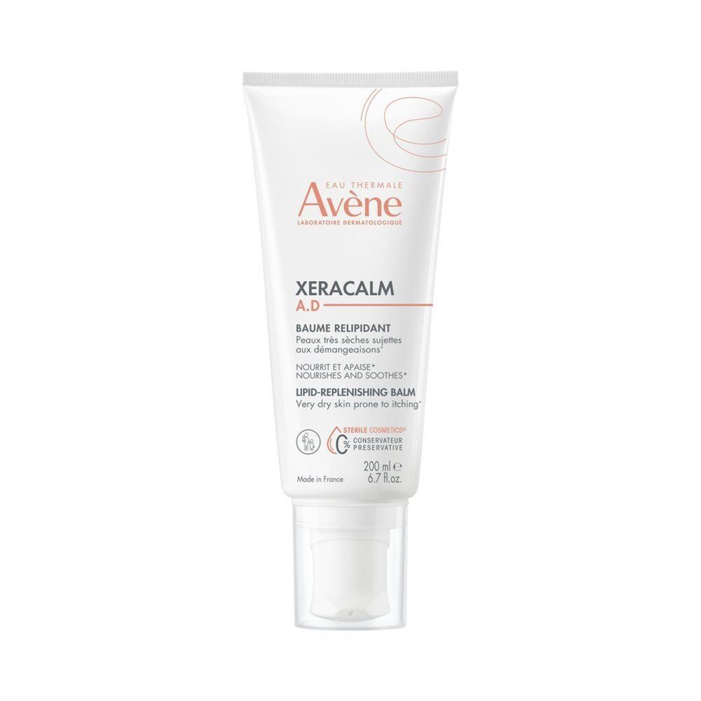 Tube blanc. Inscription: Eau Thermale Avène, XeraCalm A.D, Baume, 200 ml. Distributeur blanc.