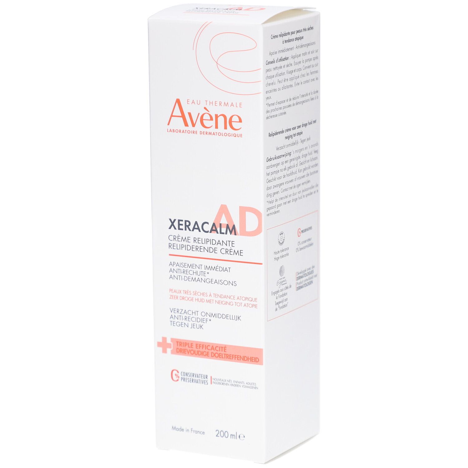 Avène Xeracalm AD Crème Relipidante in Verpackung. Weißer Karton mit Produktnamen und Logo. 200ml.