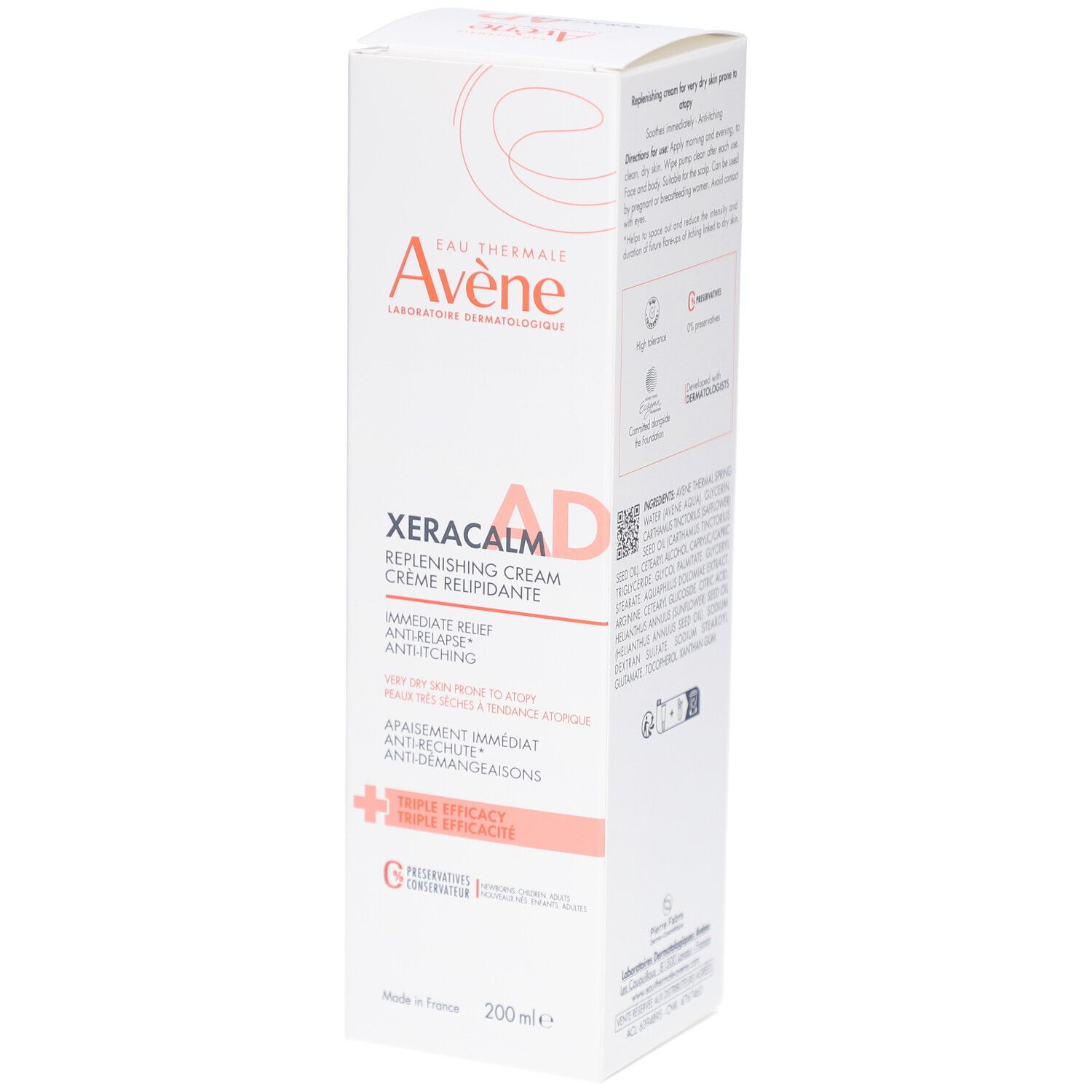 Avène Xeracalm AD Crème Relipidante Verpackung. Weißer Karton mit Produktnamen und Logo. 200ml.