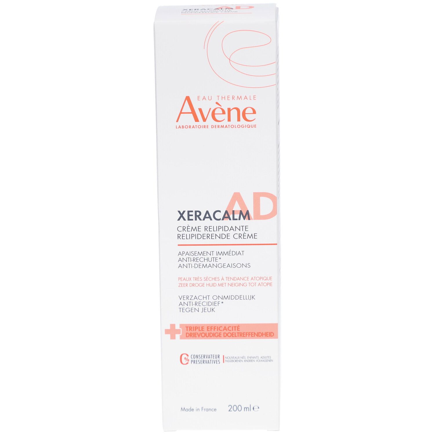 Avène Xeracalm AD Crème Relipidante Verpackung. Weißer Karton mit Produktnamen und Logo. 200ml.