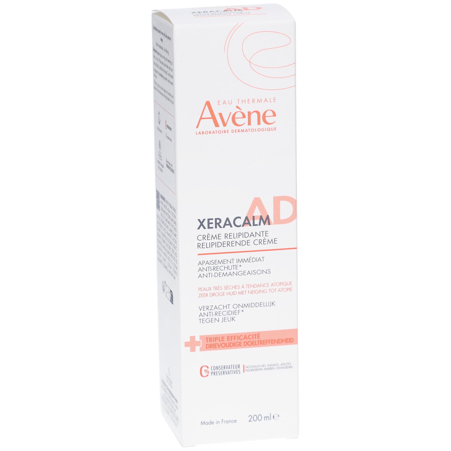 Avène Xeracalm AD Crème Relipidante Verpackung. Weißer Karton mit Produktnamen und Logo. 200ml.