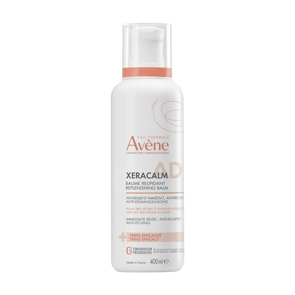 Flacon blanc avec bouchon blanc et anneau orange. Texte: Eau Thermale Avène Xeracalm AD Baume Relipidant.