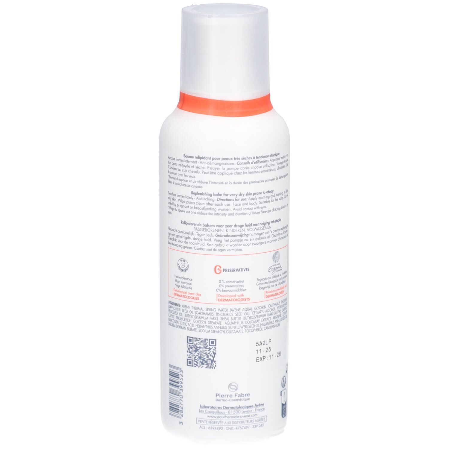 Rückseite der weißen Flasche. Text und Informationen. Orangefarbener Streifen. QR-Code. Haltbarkeitsdatum.