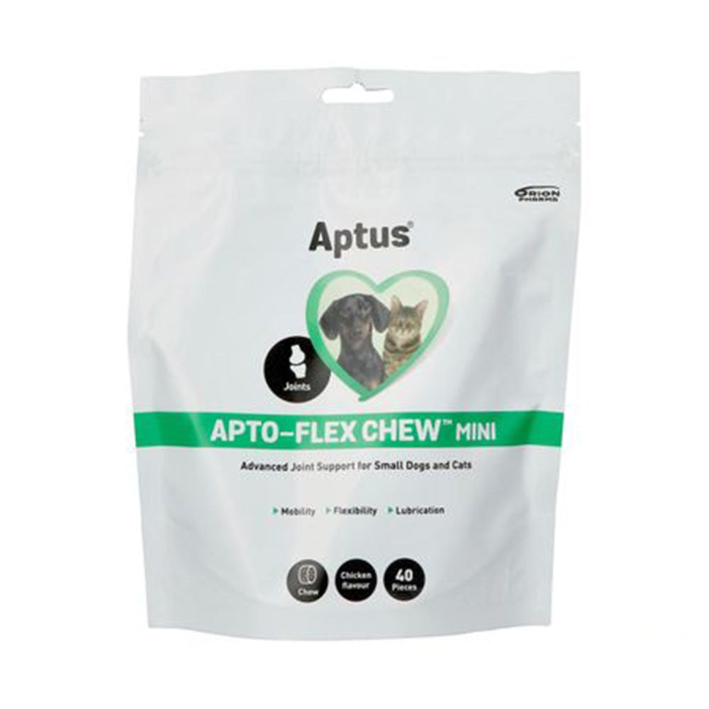 Sachet blanc avec bande verte. Inscription Aptus, Apto-Flex Chew Mini. Image d'un chien et d'un chat dans un cœur.