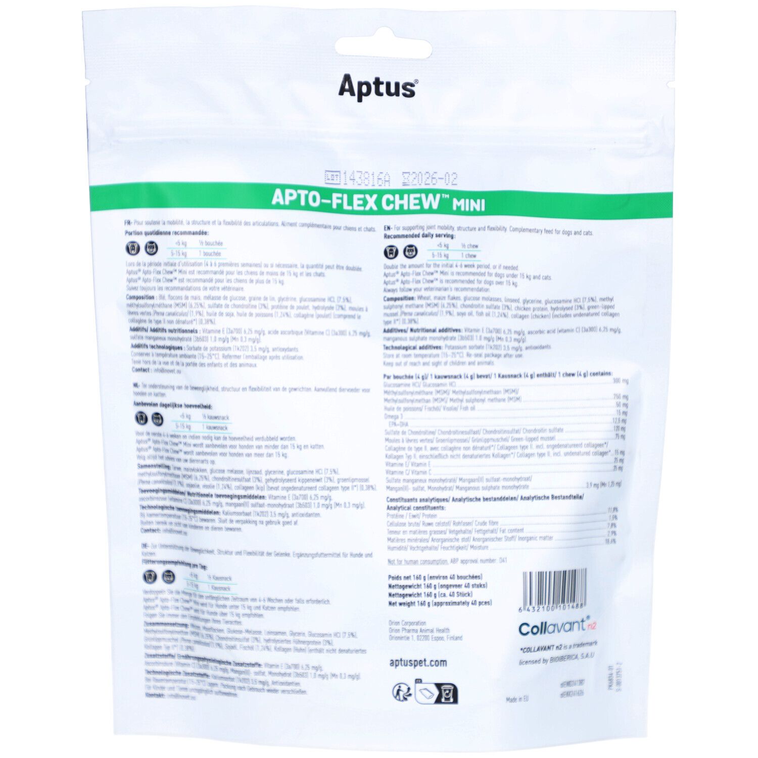 Dos du sachet blanc. Texte en plusieurs langues. Contient des informations sur les ingrédients et les valeurs nutritionnelles.