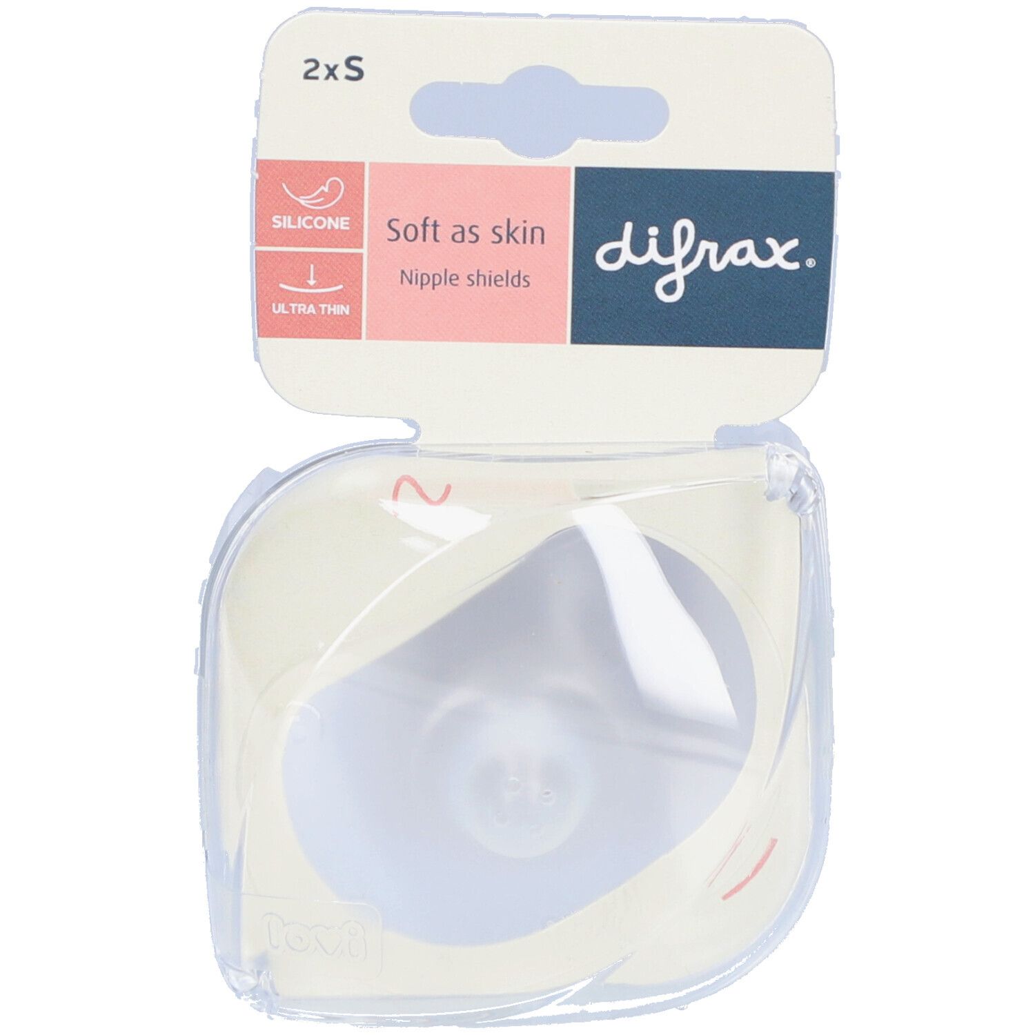 Emballage de deux protège-mamelons en silicone. Inscription : "Soft as skin". Marque : Difrax. Emballage plastique transparent.