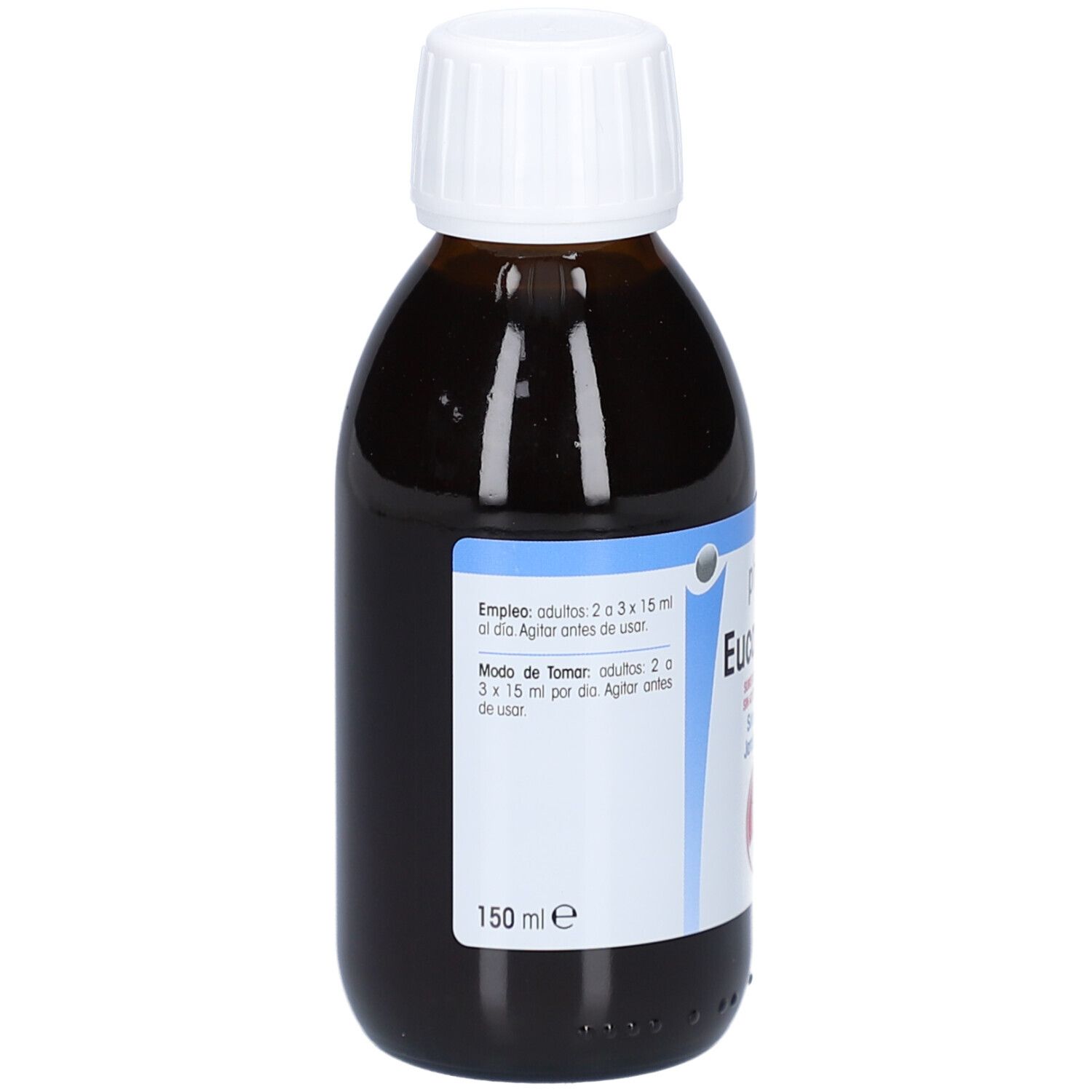 Braune Glasflasche mit weißem Deckel. Etikett mit Produktinformationen. 150 ml.